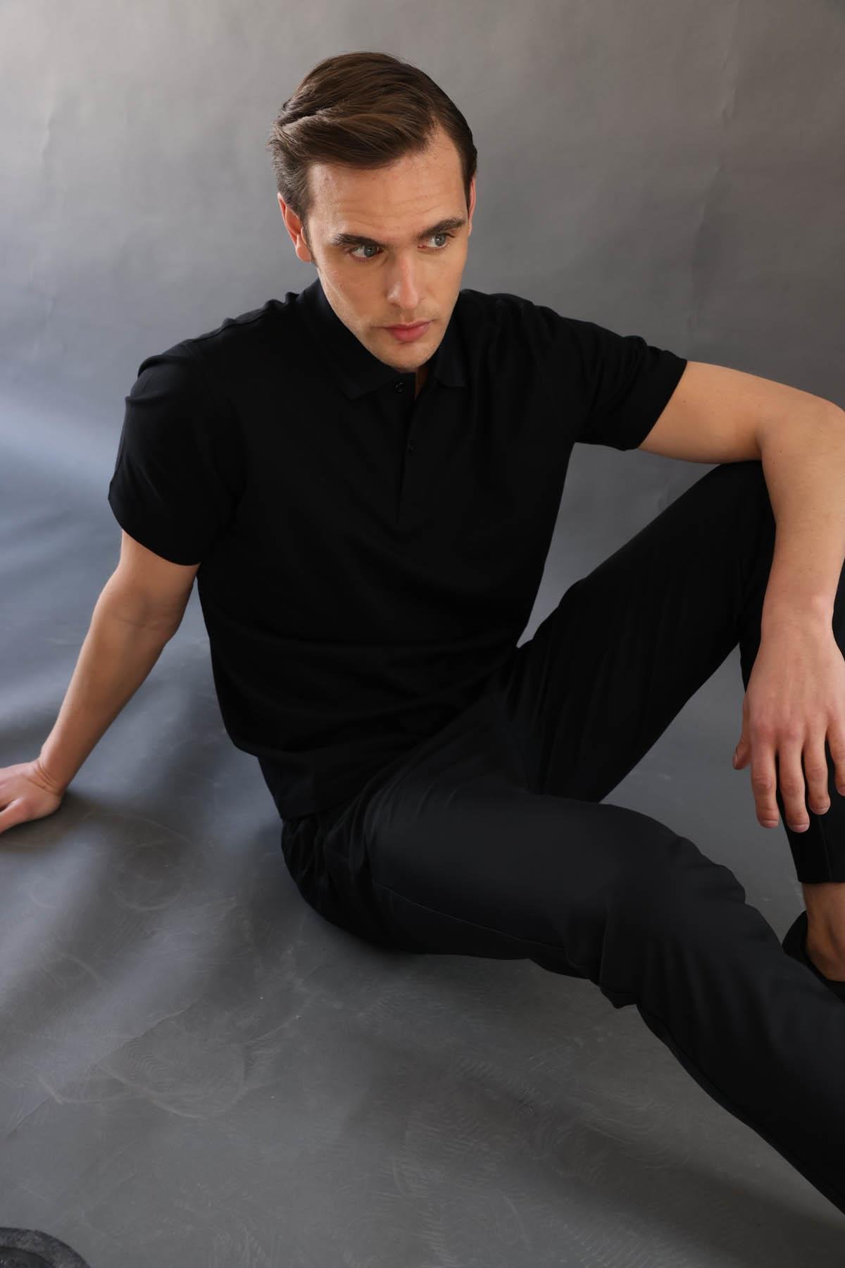 25748Erkek Polo Yaka Pike Merserize T-shirt Siyah