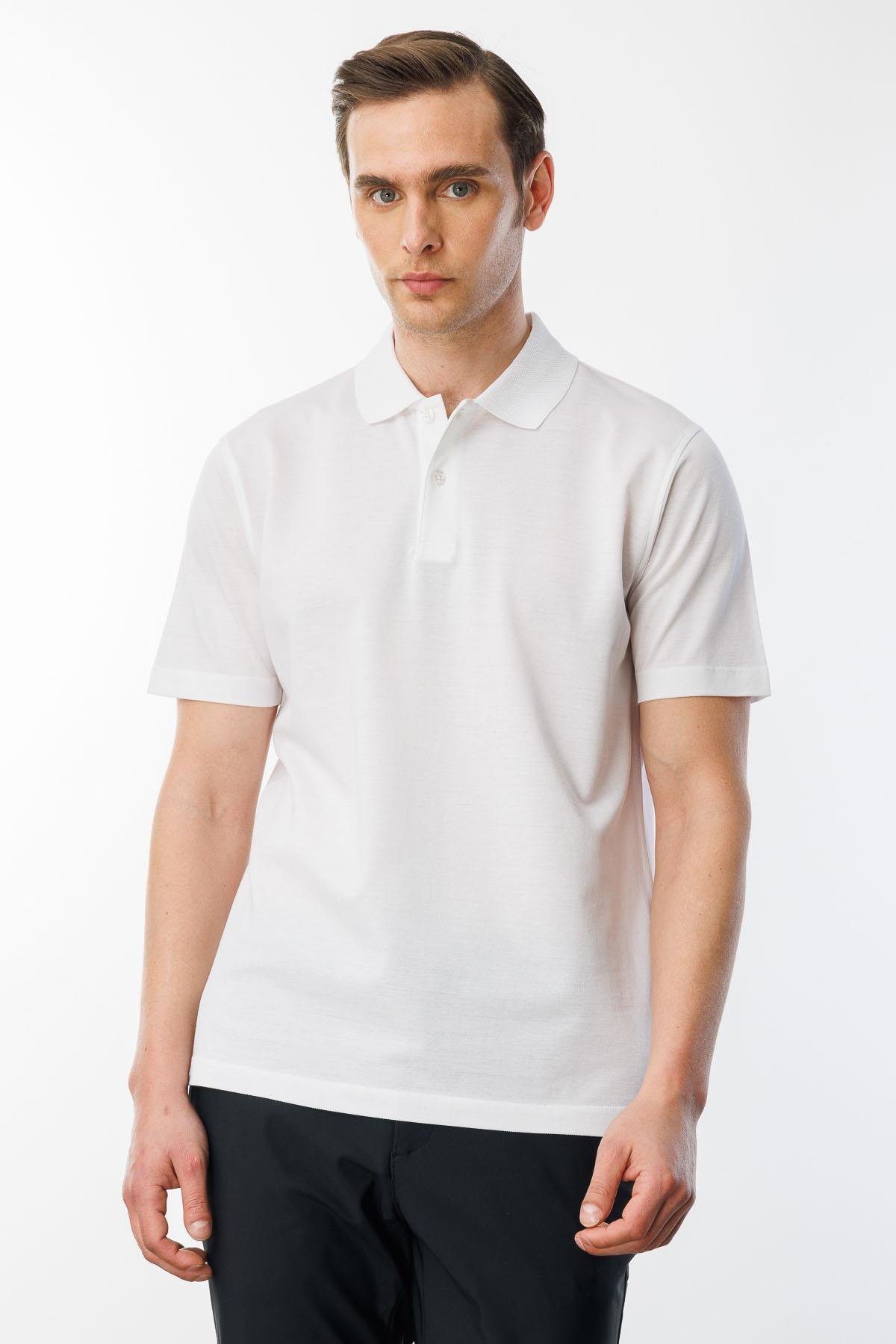 25748Erkek Polo Yaka Pike Merserize T-shirt Beyaz