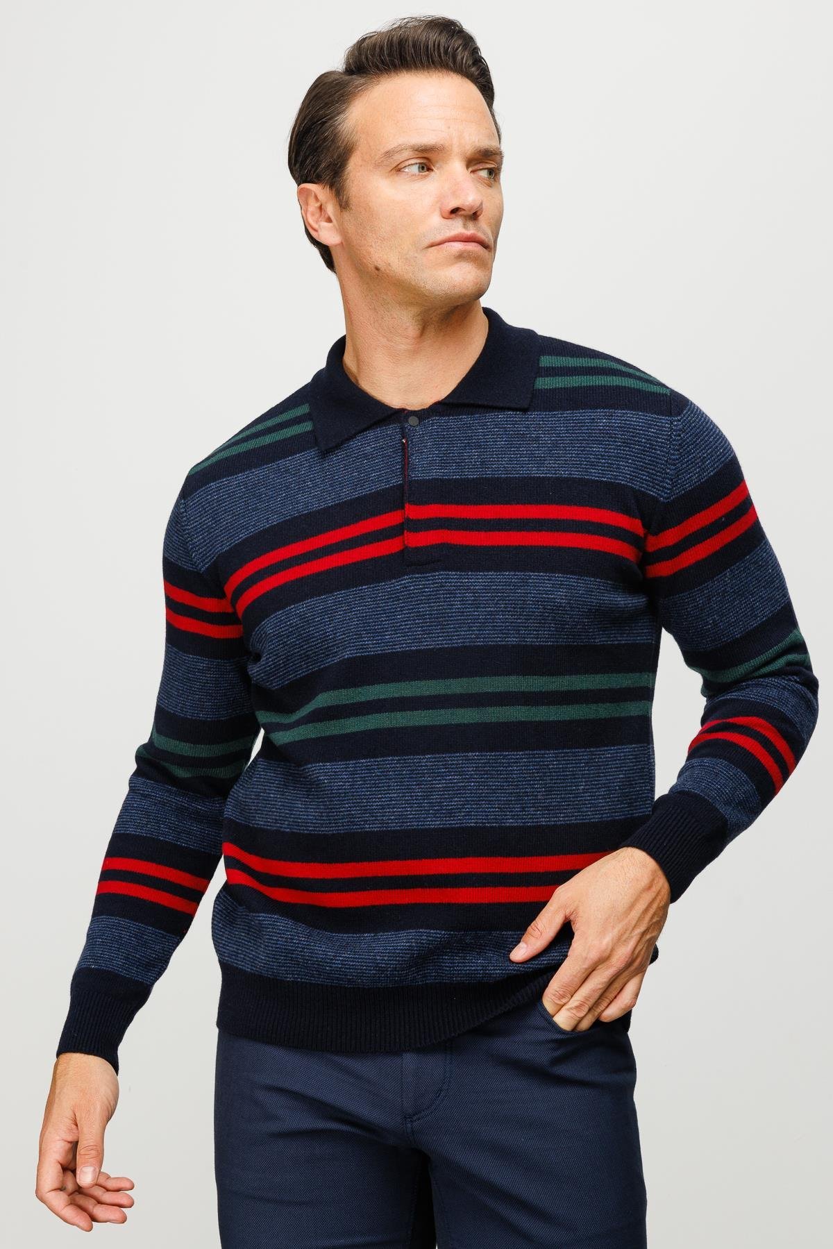 23502Erkek Polo Yaka Renkli Çizgili Kalın Yün Kazak K.Lacivert