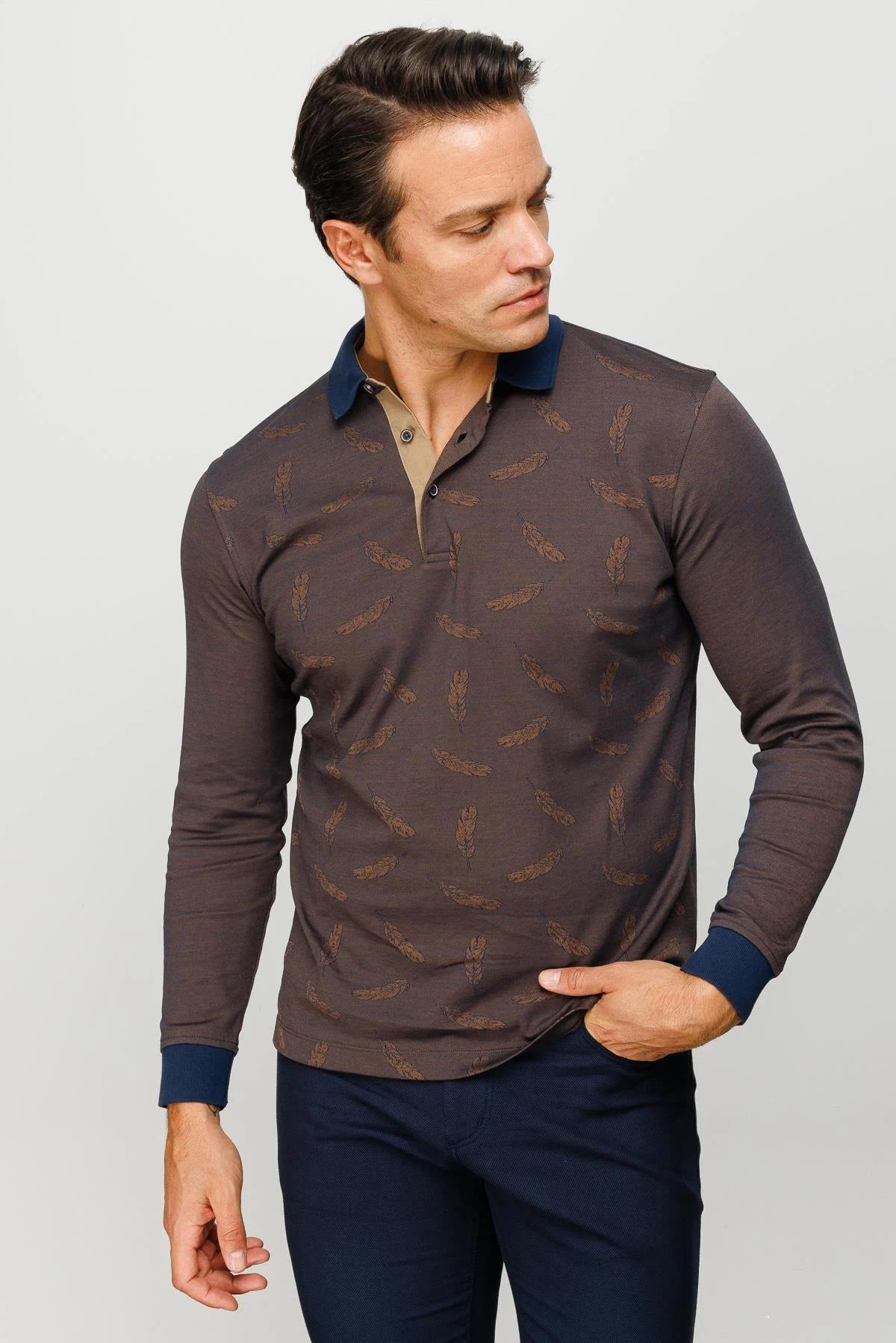 725Erkek Polo Yaka Tüy Desenli Sweatshirt Kahve