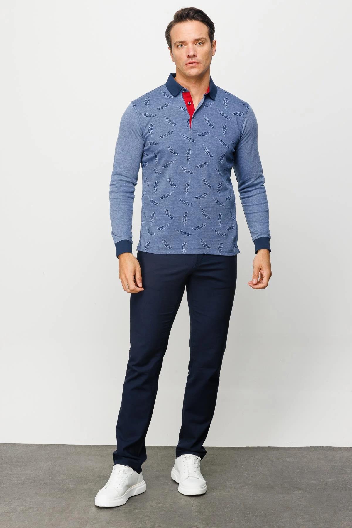 725Erkek Polo Yaka Tüy Desenli Sweatshirt Lacivert