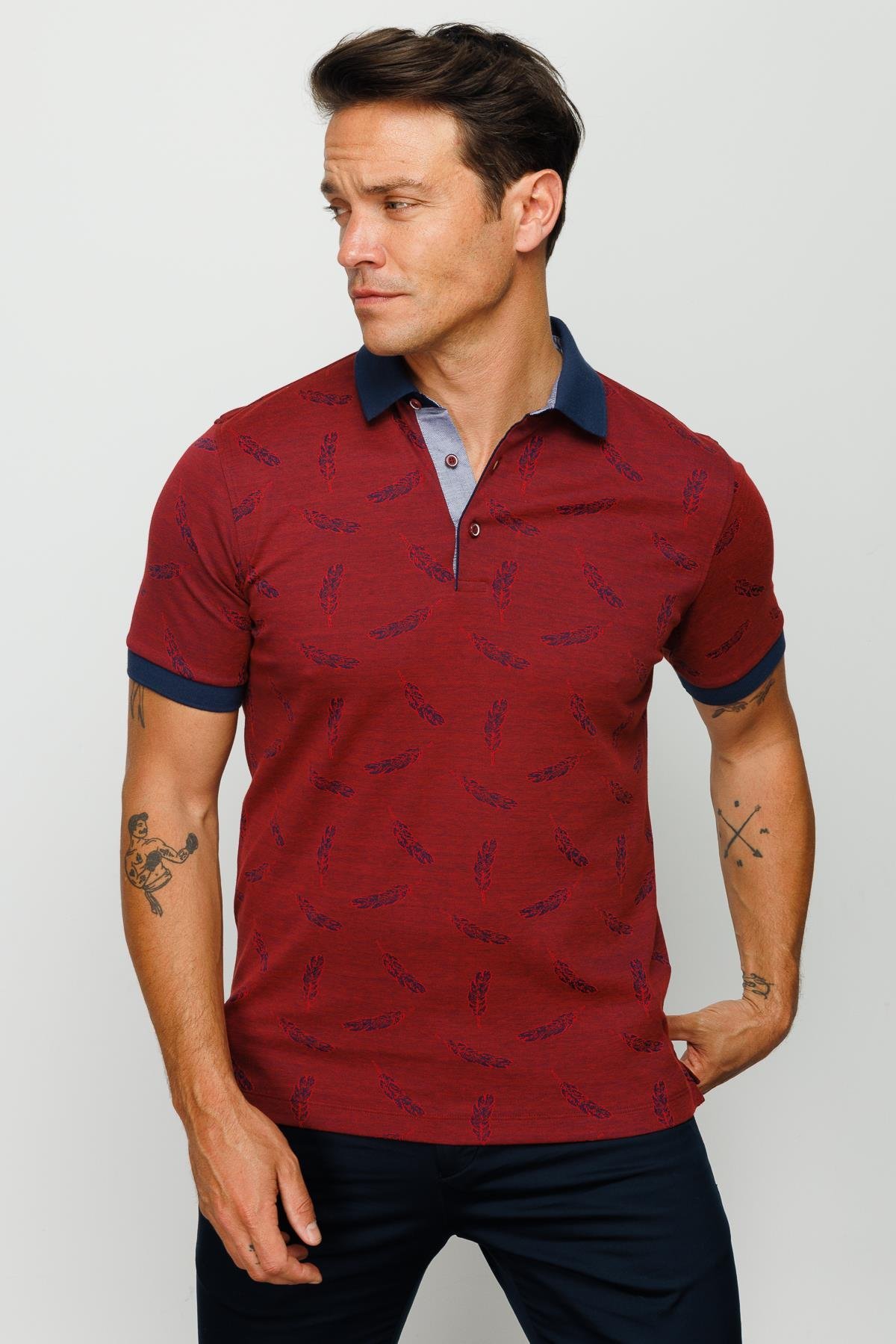 825Erkek Polo Yaka Tüy Desenli T-shirt Bordo