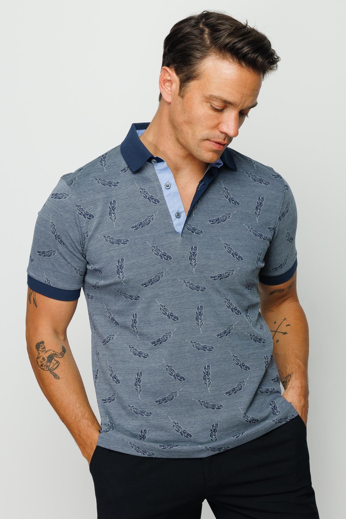 825Erkek Polo Yaka Tüy Desenli T-shirt Füme