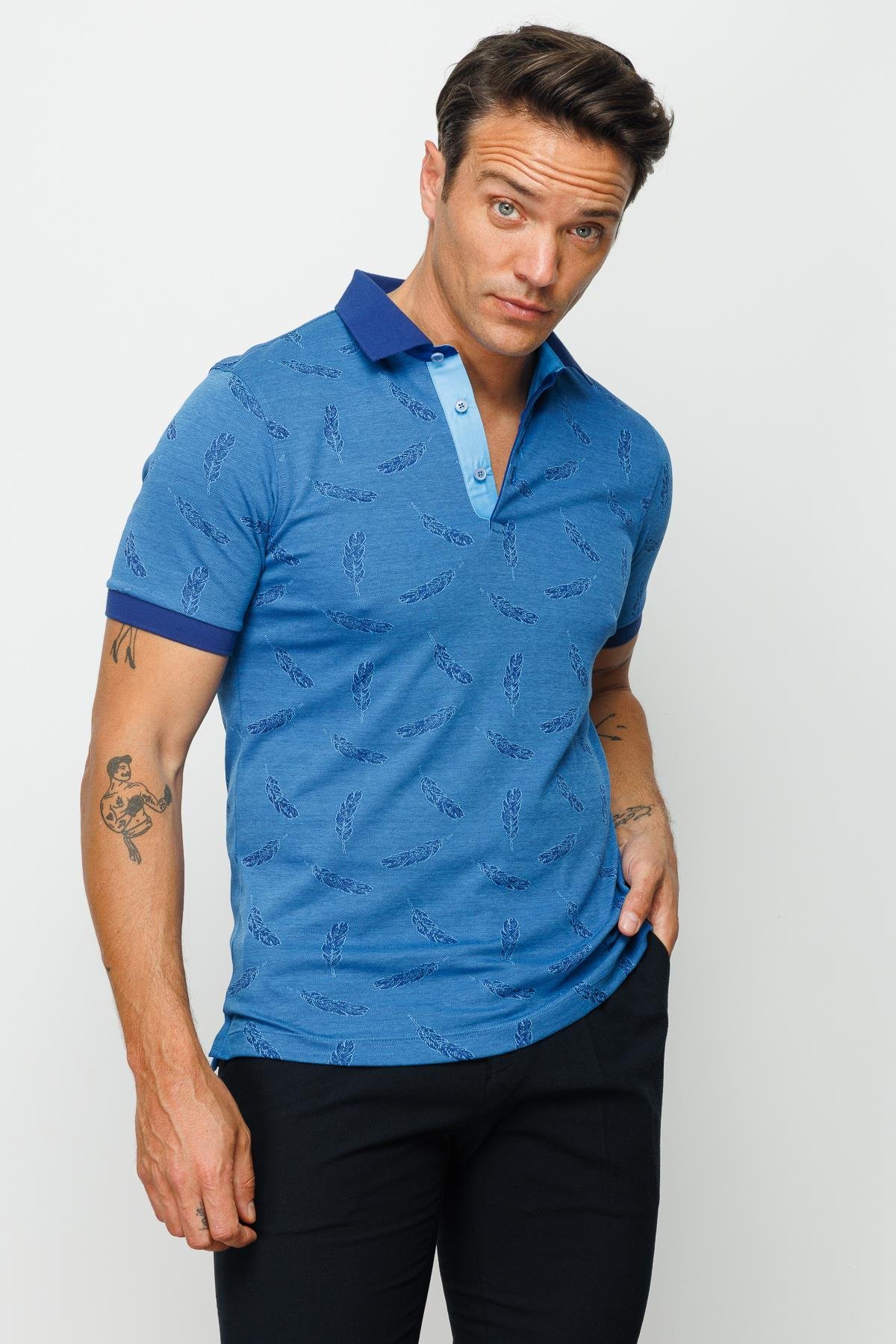 825Erkek Polo Yaka Tüy Desenli T-shirt Saks