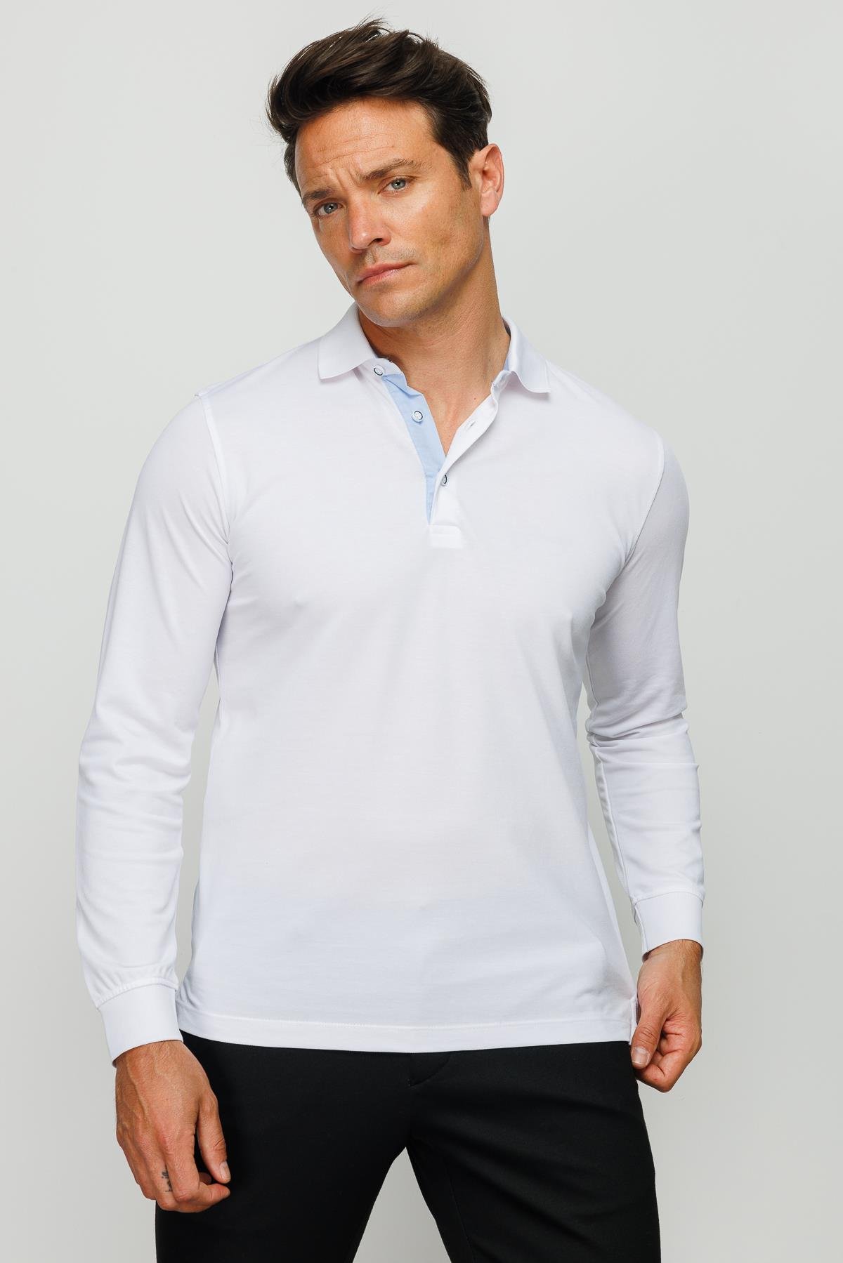 960Erkek Polo Yaka Uzun Kollu Sweatshirt Beyaz