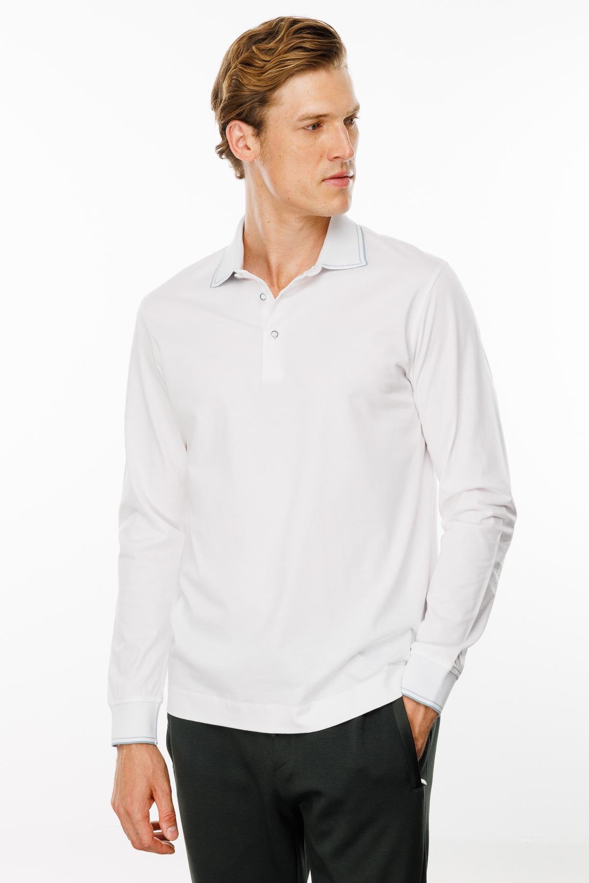 MTA 13Erkek Polo Yaka Uzun Kollu Sweatshirt Beyaz