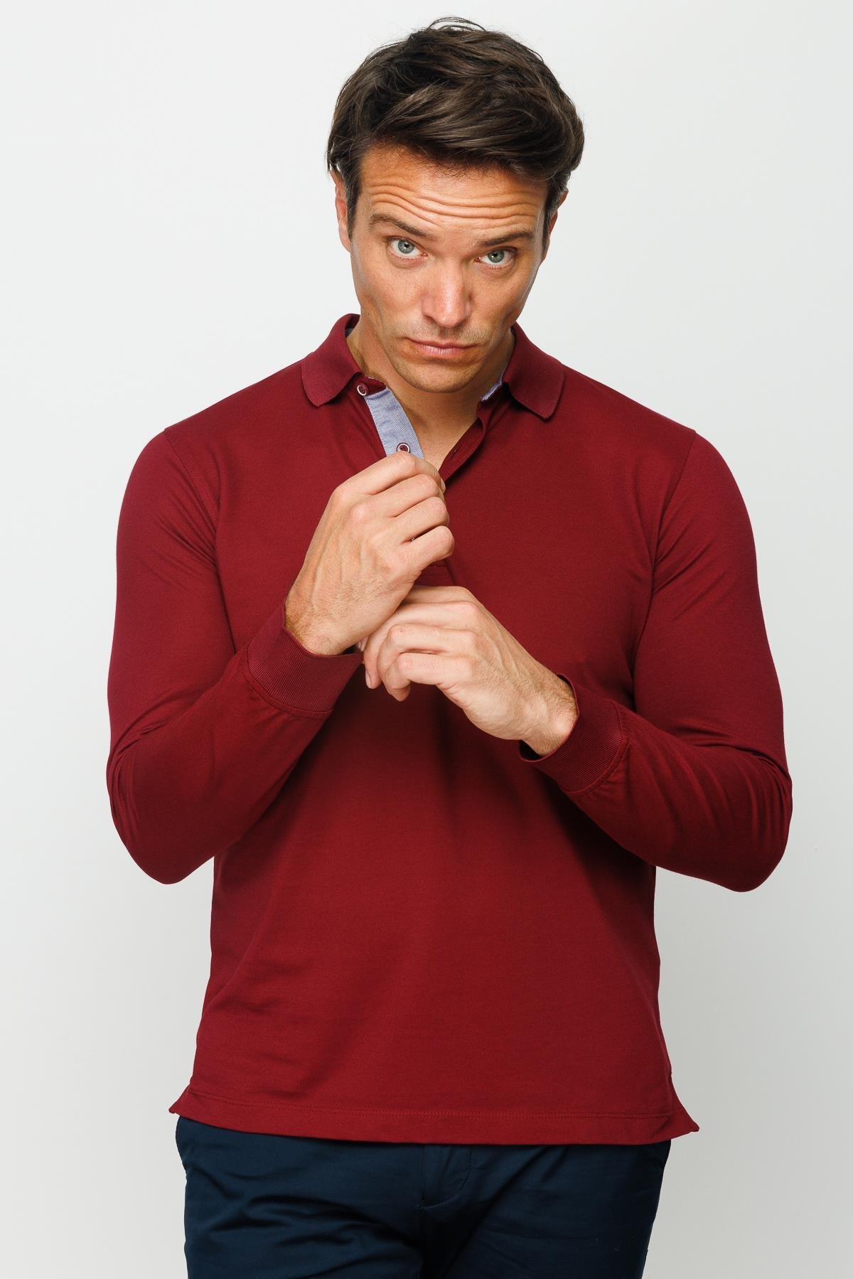 960Erkek Polo Yaka Uzun Kollu Sweatshirt Bordo