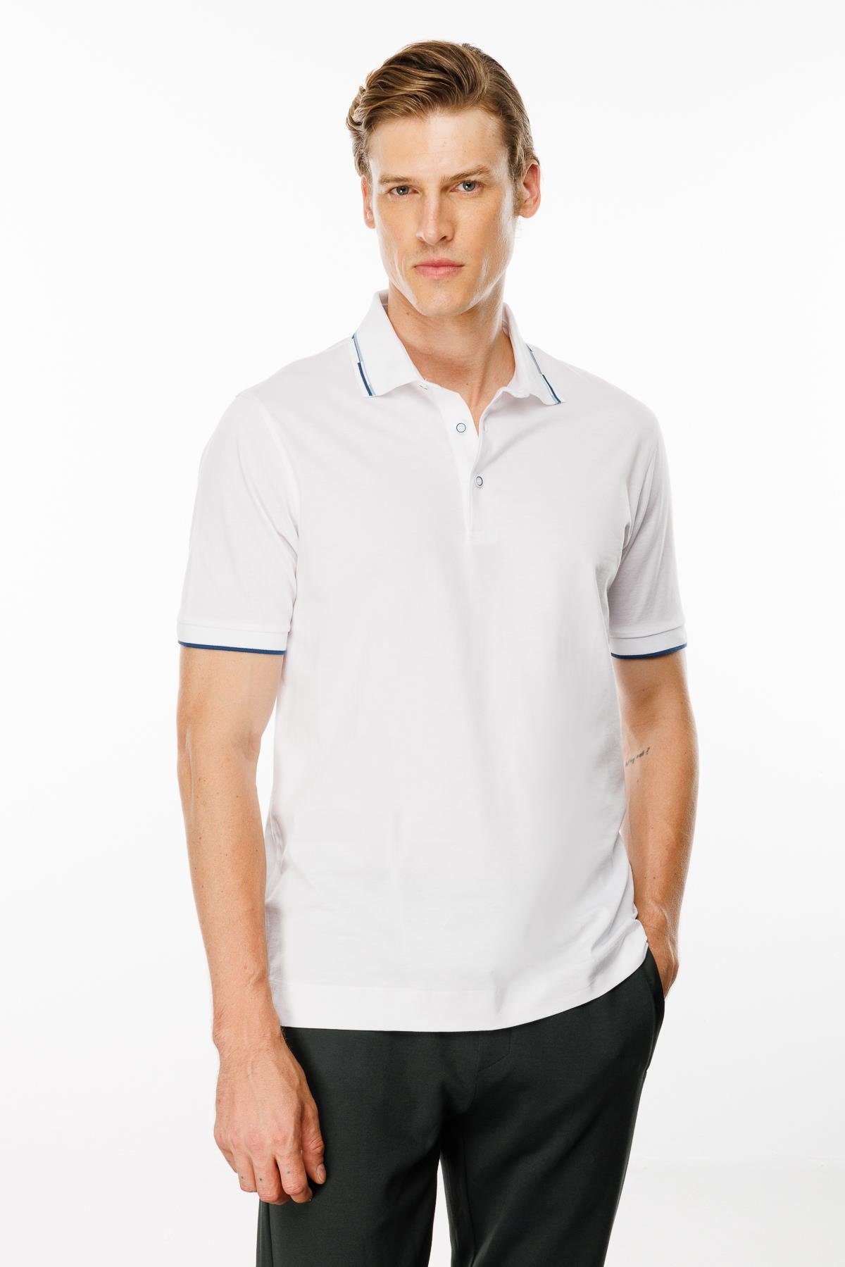 MTA 20Erkek Polo Yaka Yakası Çizgili T-shirt Beyaz