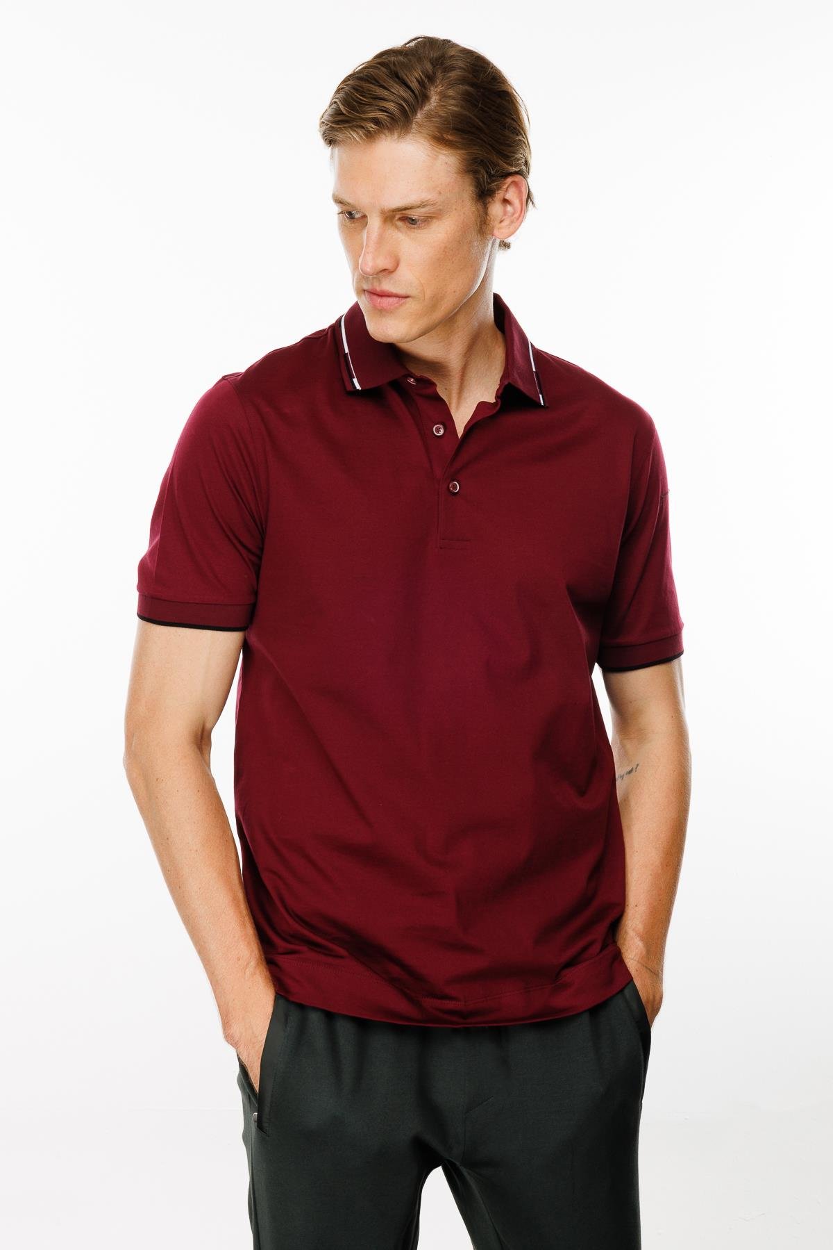 MTA 20Erkek Polo Yaka Yakası Çizgili T-shirt Bordo