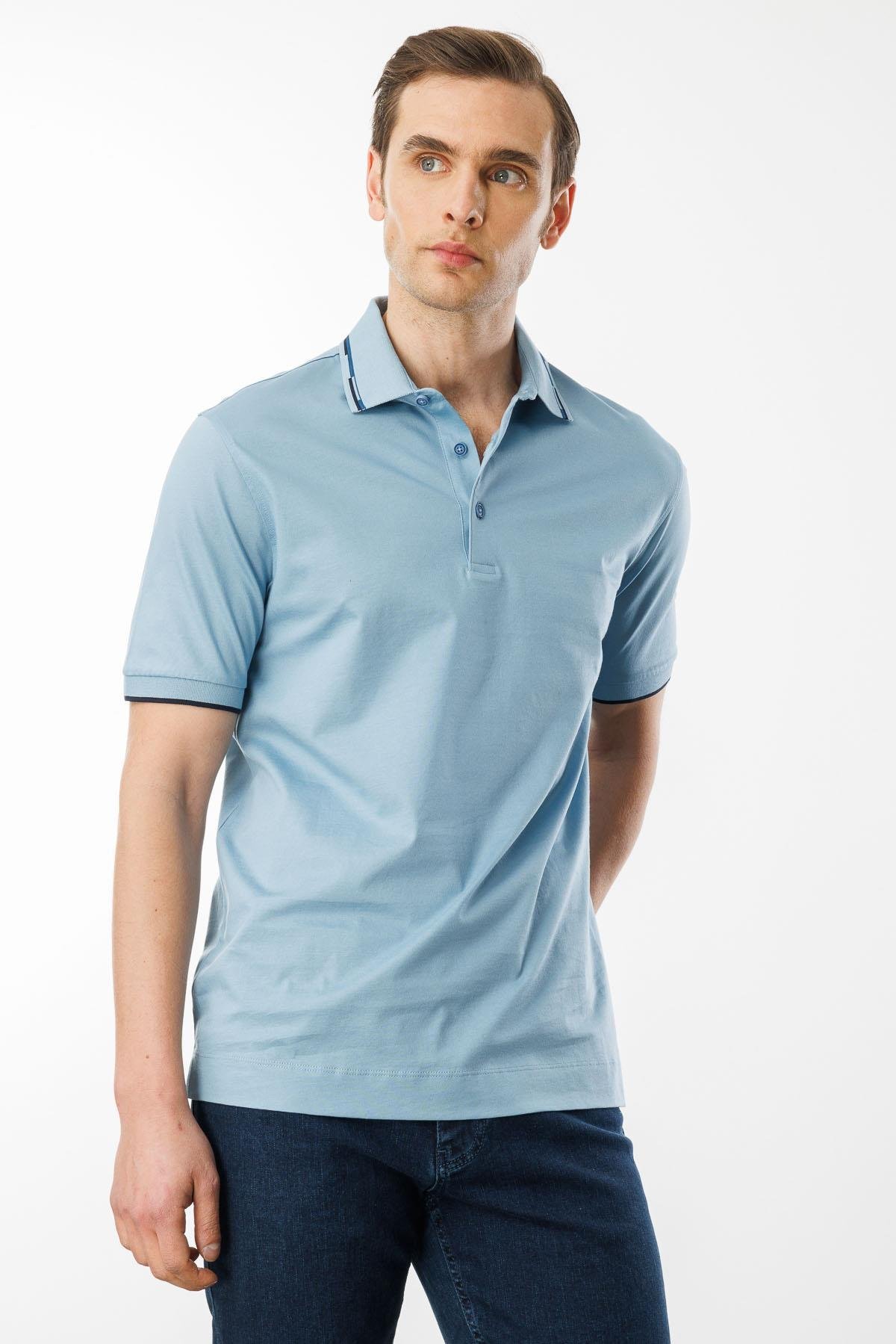 MTA 20Erkek Polo Yaka Yakası Çizgili T-shirt Mavi