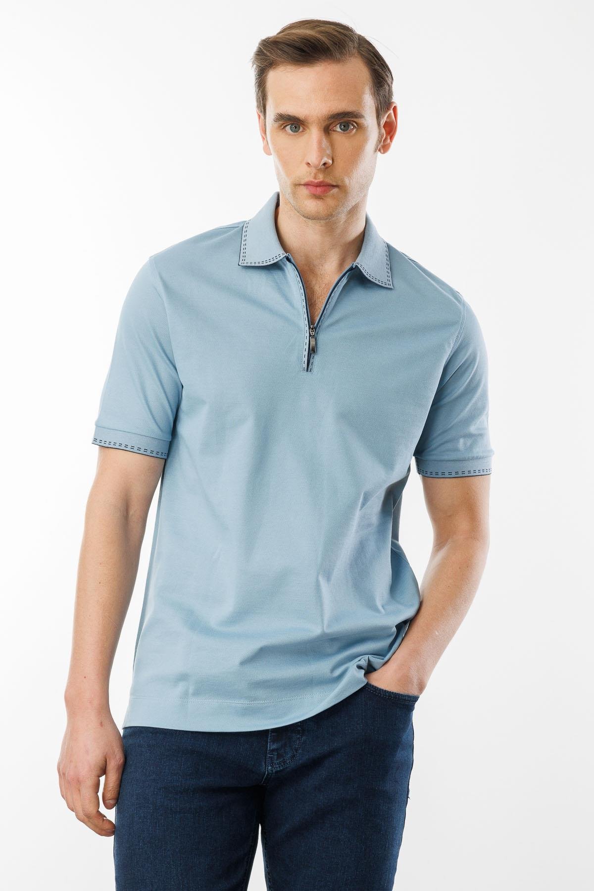 MTA 02Erkek Polo Yaka Yakası Fermuarlı T-shirt Mavi