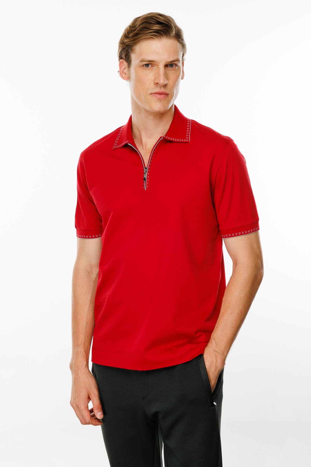 MTA 02Erkek Polo Yaka Yakası Fermuarlı T-shirt Kırmızı