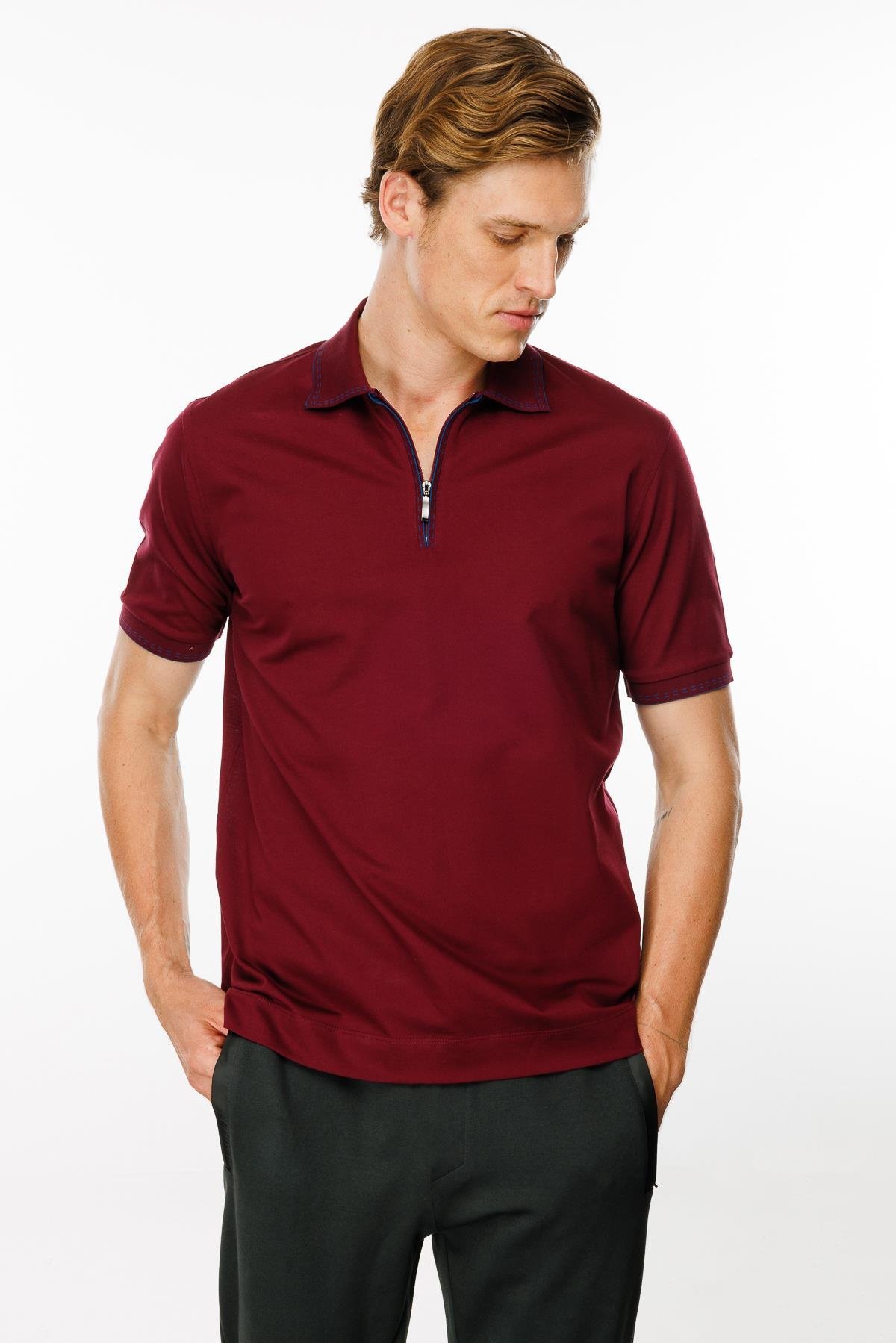 MTA 02Erkek Polo Yaka Yakası Fermuarlı T-shirt Bordo