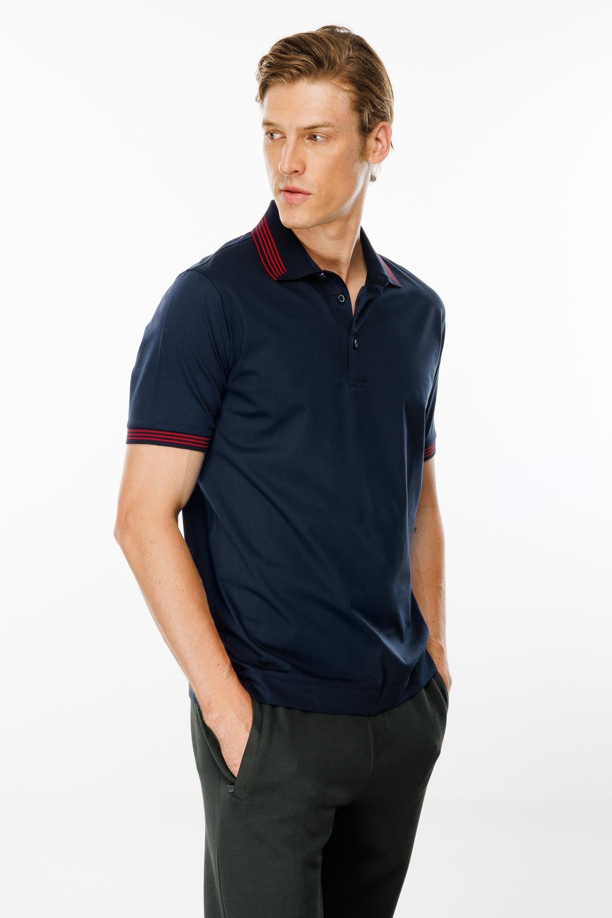 MTA 21Erkek Polo Yaka Yakası Şerit Desenli T-shirt Lacivert