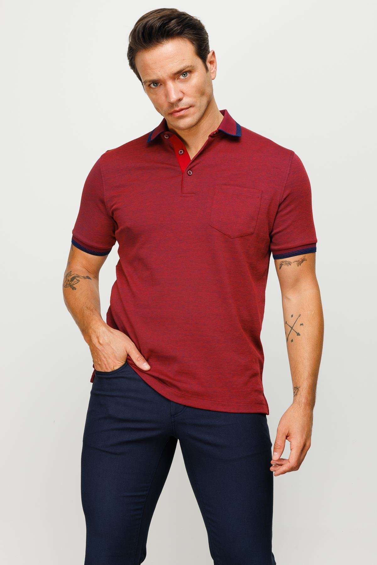 901Erkek Polo Yaka Yakası ve Kolu Triko Cepli T-shirt Bordo