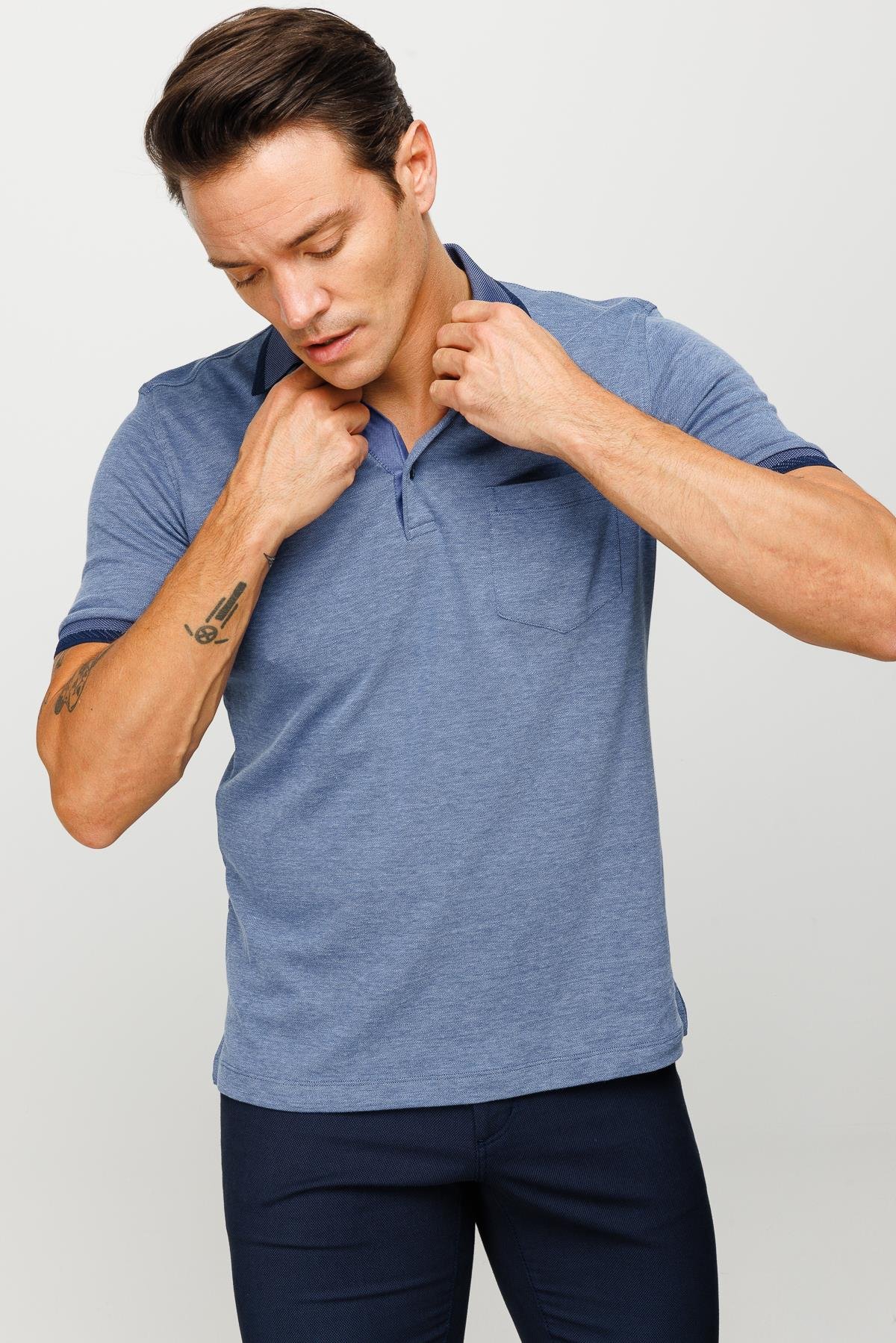 901Erkek Polo Yaka Yakası ve Kolu Triko Cepli T-shirt Lacivert
