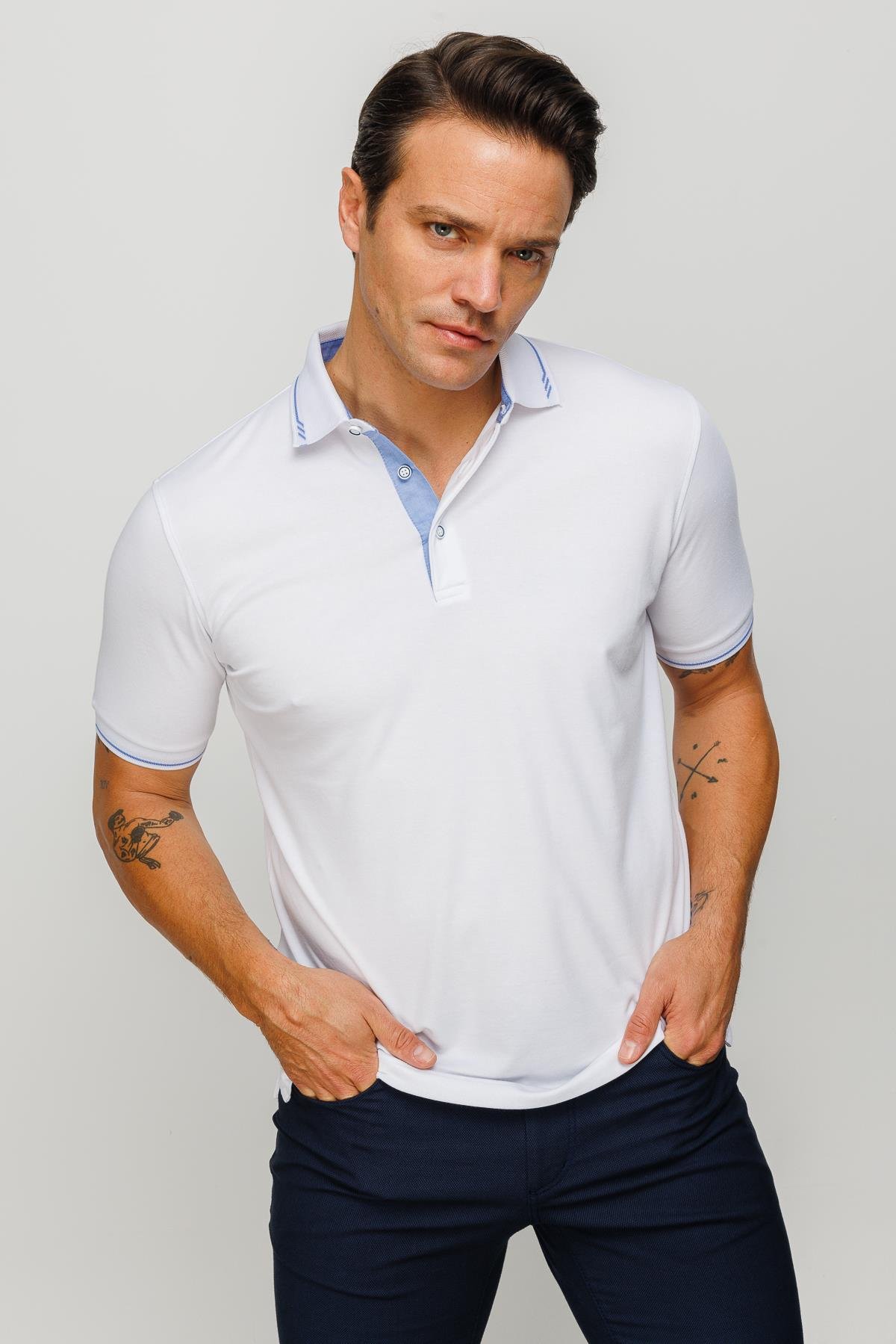 501Erkek Polo Yaka Yakası ve Kolu Triko T-shirt Beyaz