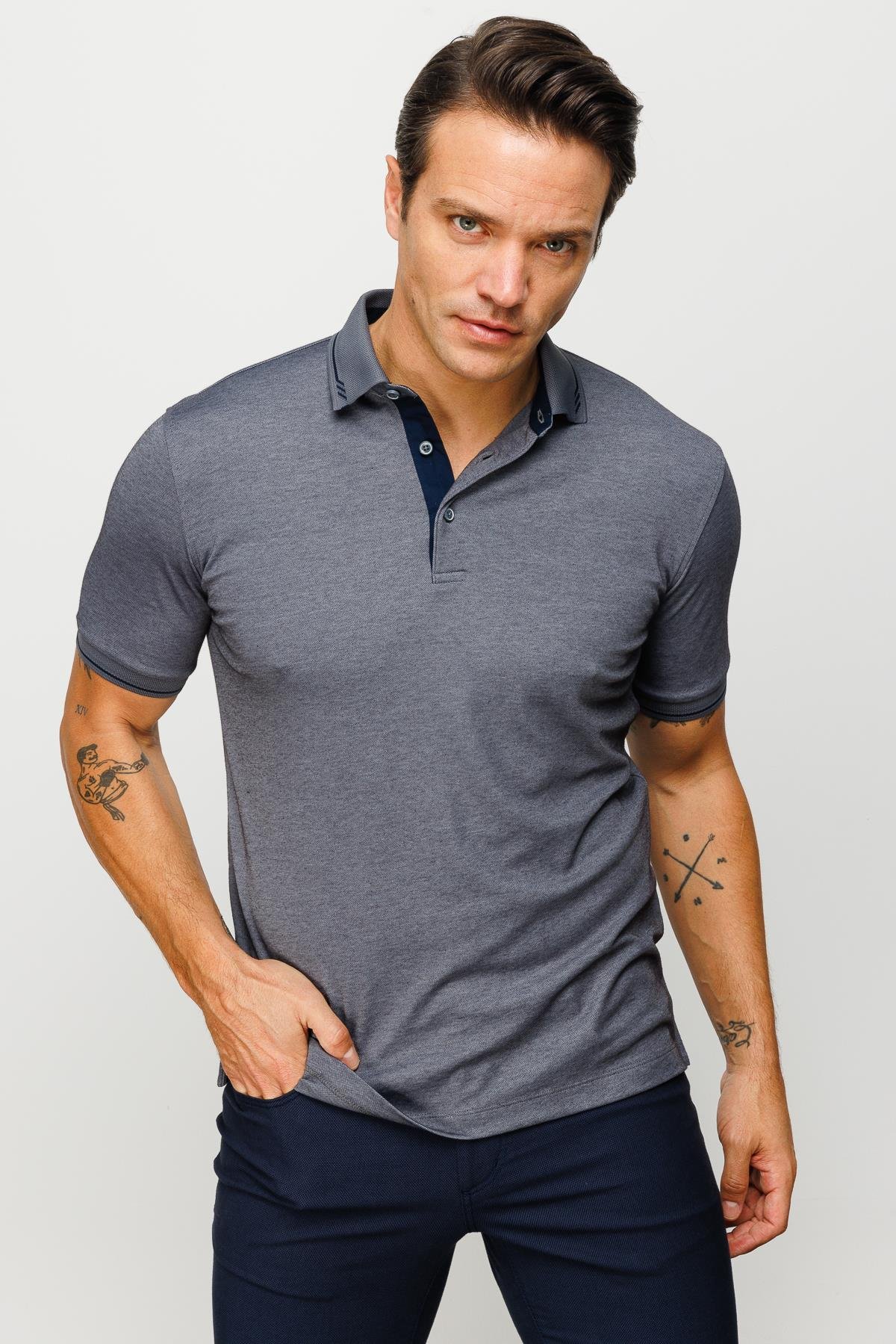 501Erkek Polo Yaka Yakası ve Kolu Triko T-shirt Füme