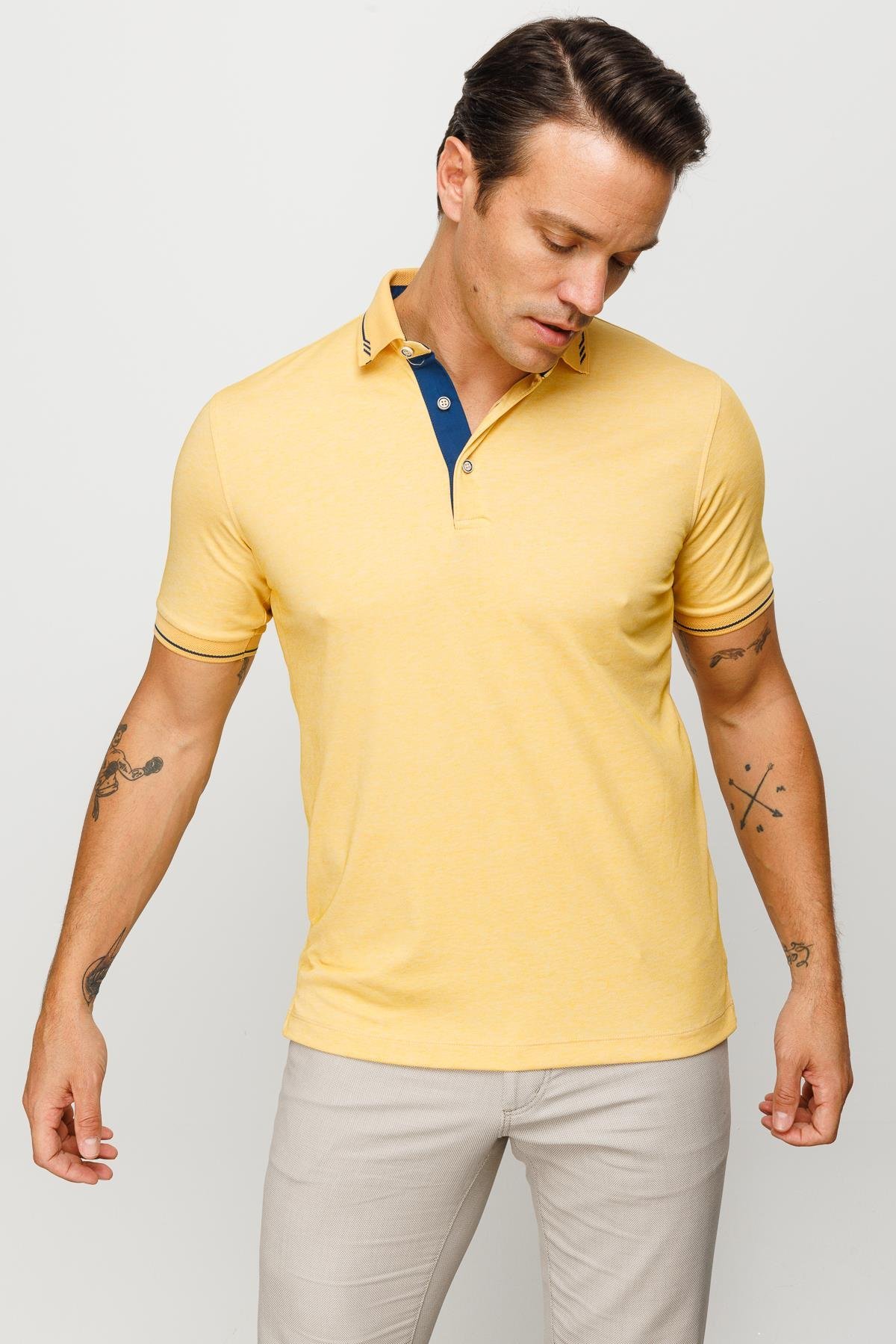 501Erkek Polo Yaka Yakası ve Kolu Triko T-shirt Sarı