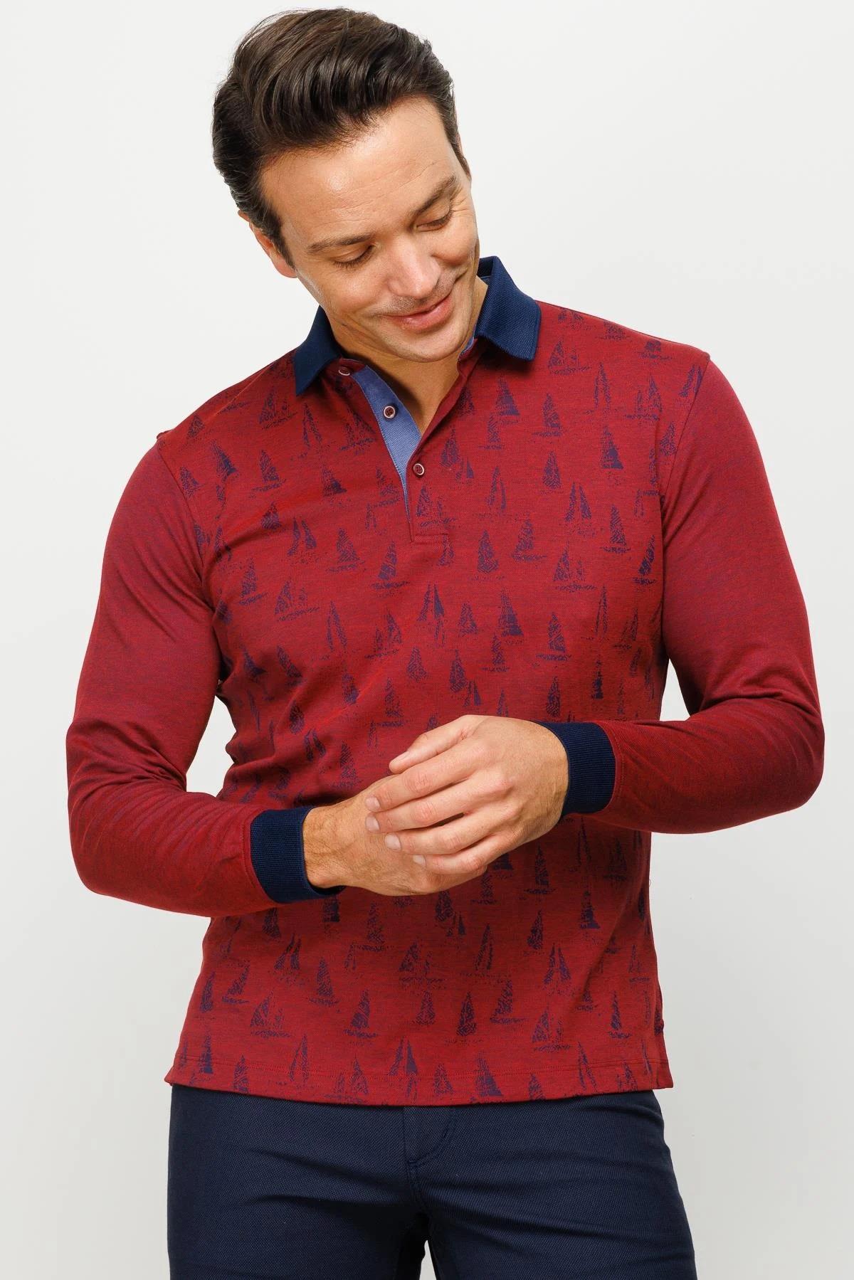 720Erkek Polo Yaka Yelken Desenli Sweatshirt Bordo