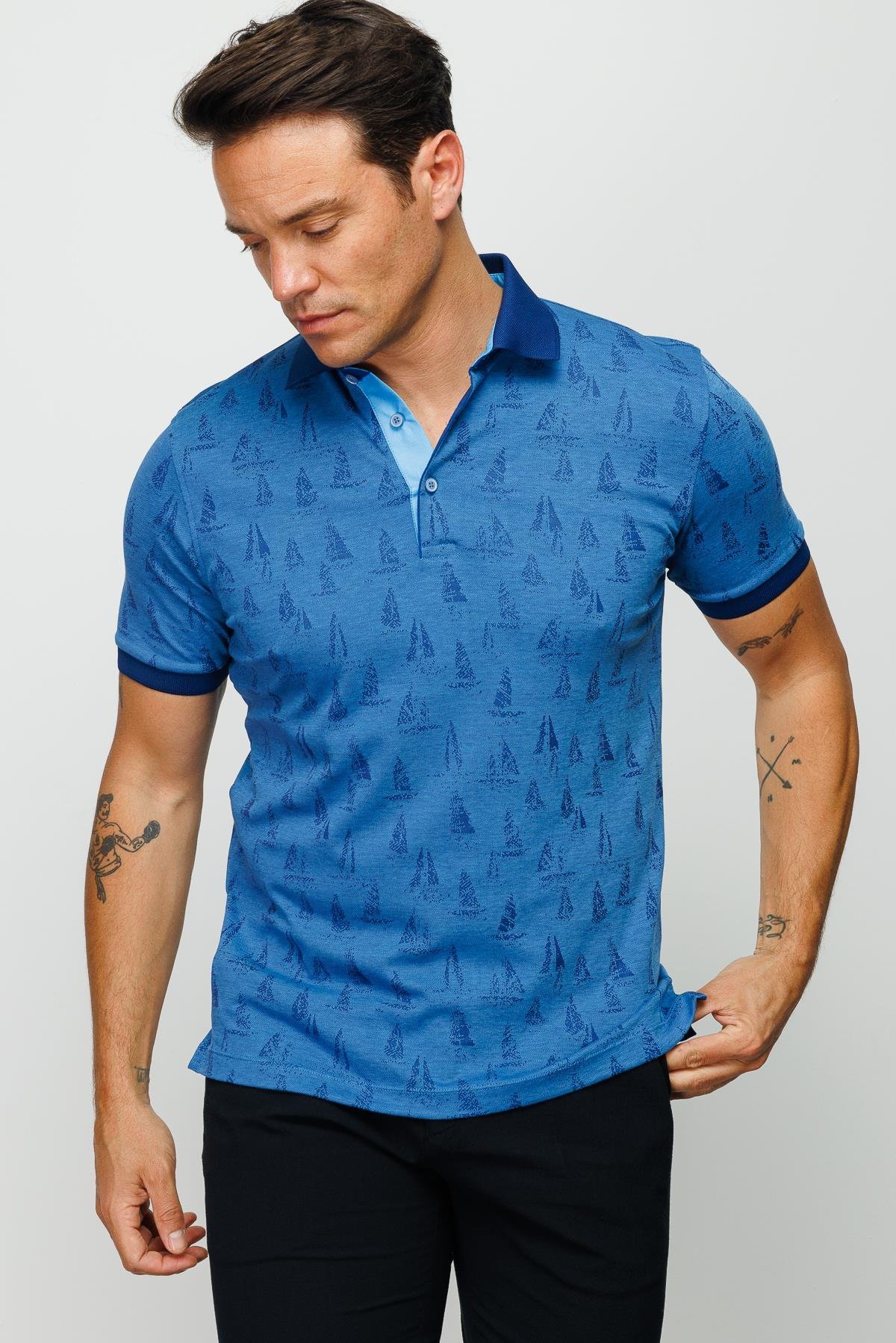 820Erkek Polo Yaka Yelken Desenli T-shirt Saks