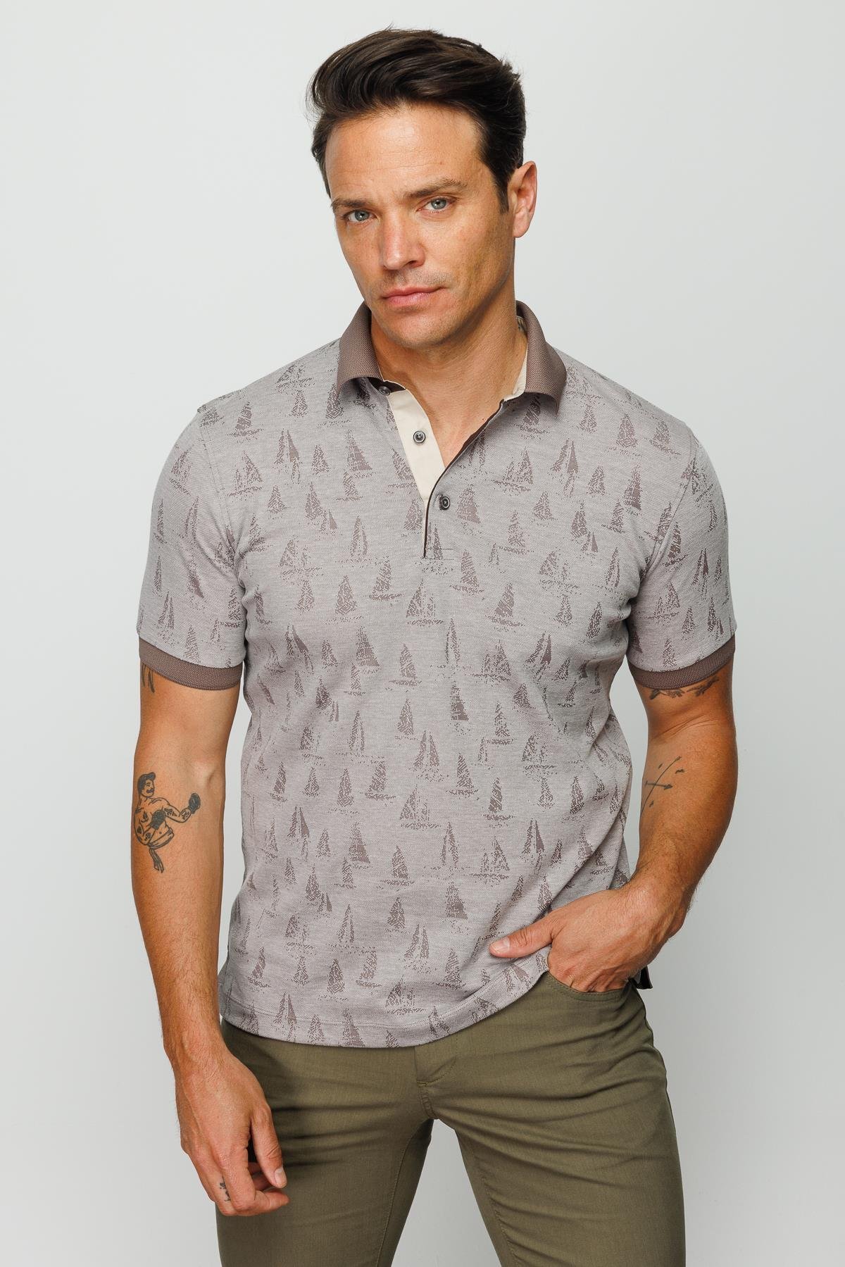 820Erkek Polo Yaka Yelken Desenli T-shirt Bej