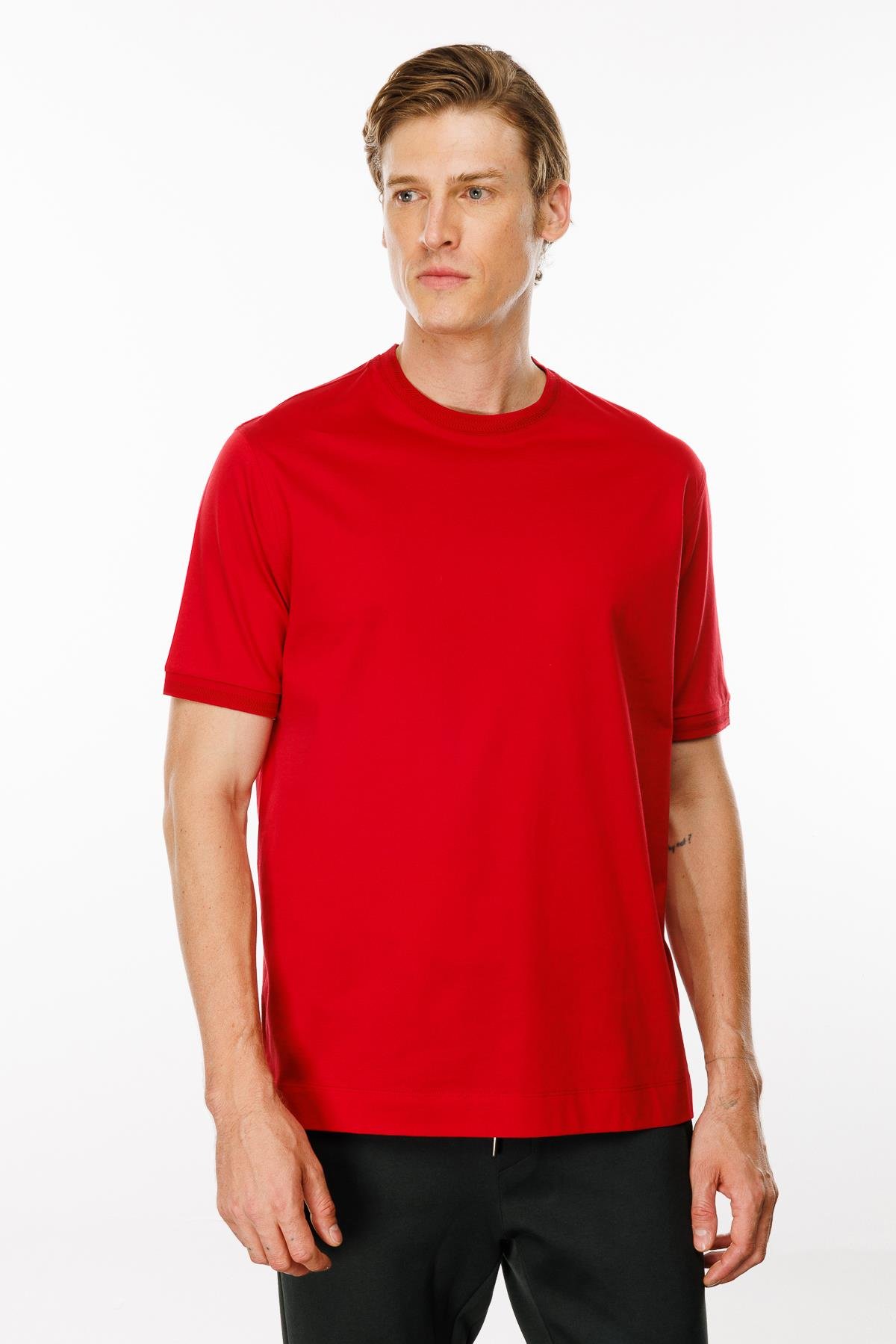 MTA 09Erkek Sıfır Yaka Basic Pamuklu T-shirt Kırmızı