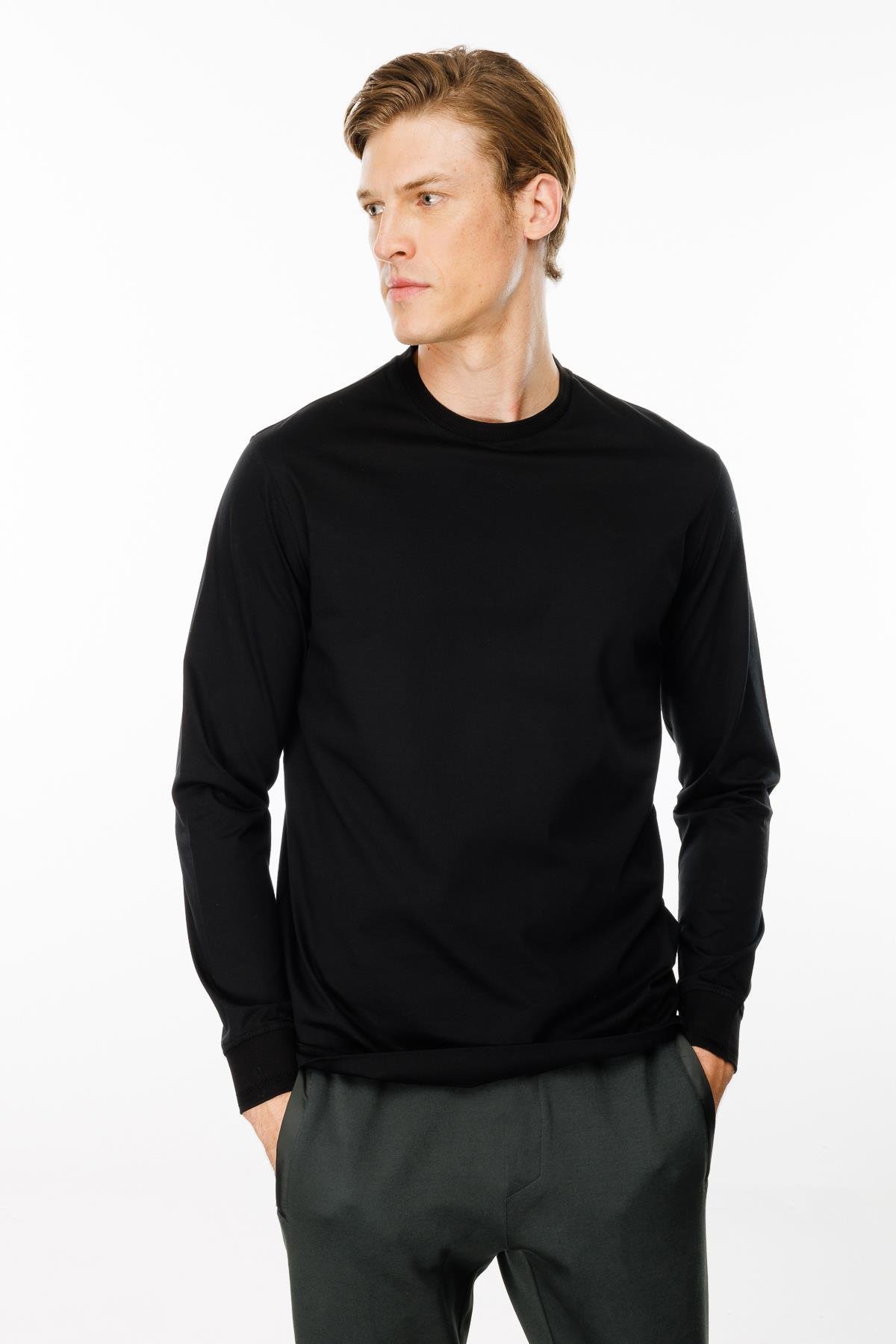 MTA 10Erkek Sıfır Yaka Basic Uzun Kollu Pamuklu T-shirt Siyah