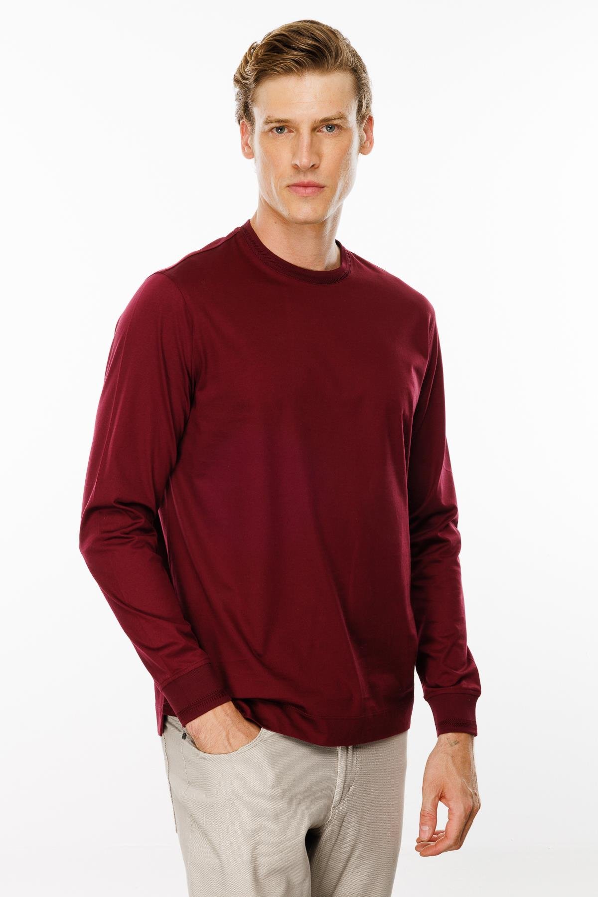 MTA 10Erkek Sıfır Yaka Basic Uzun Kollu Pamuklu T-shirt Bordo