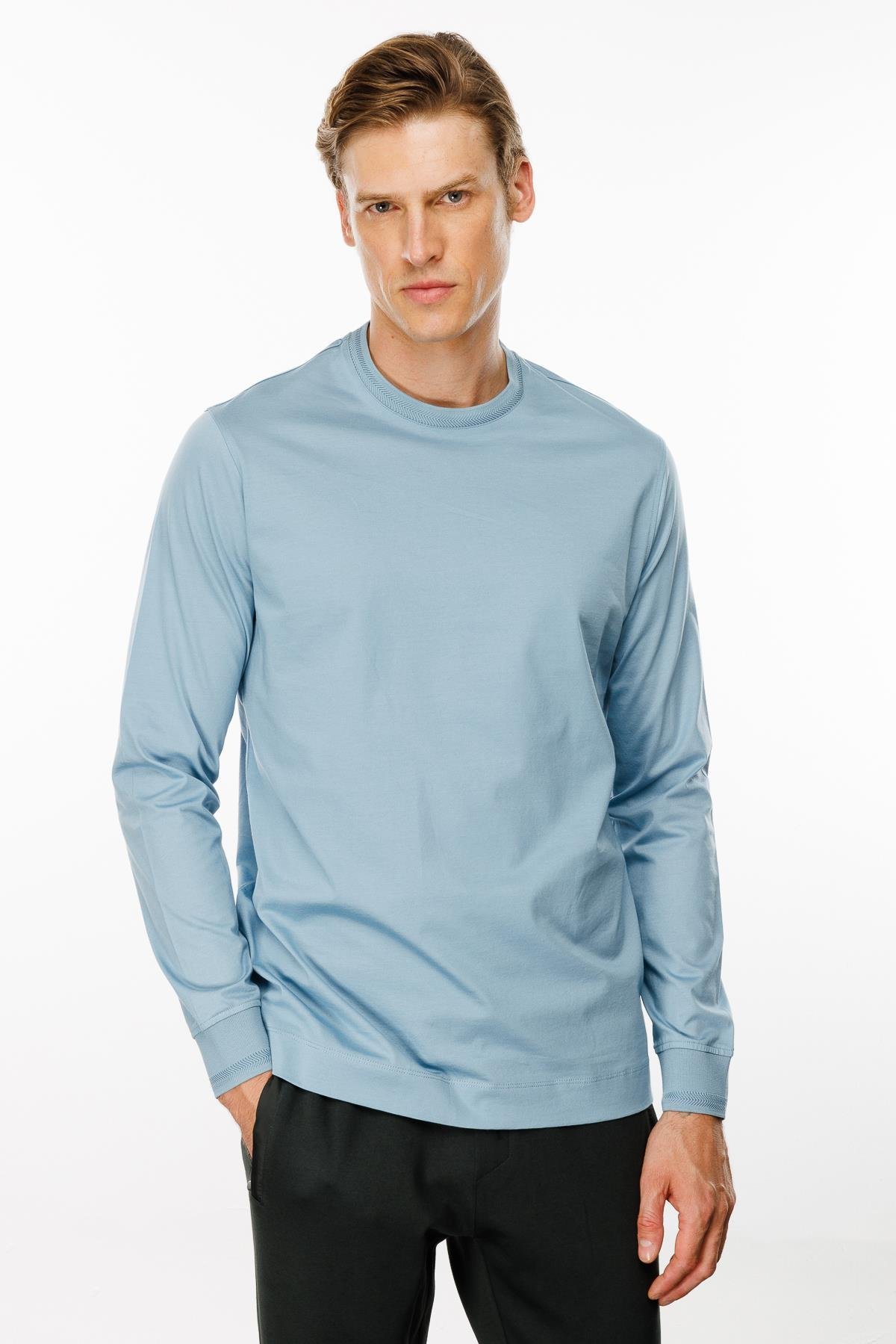 MTA 10Erkek Sıfır Yaka Basic Uzun Kollu Pamuklu T-shirt Mavi