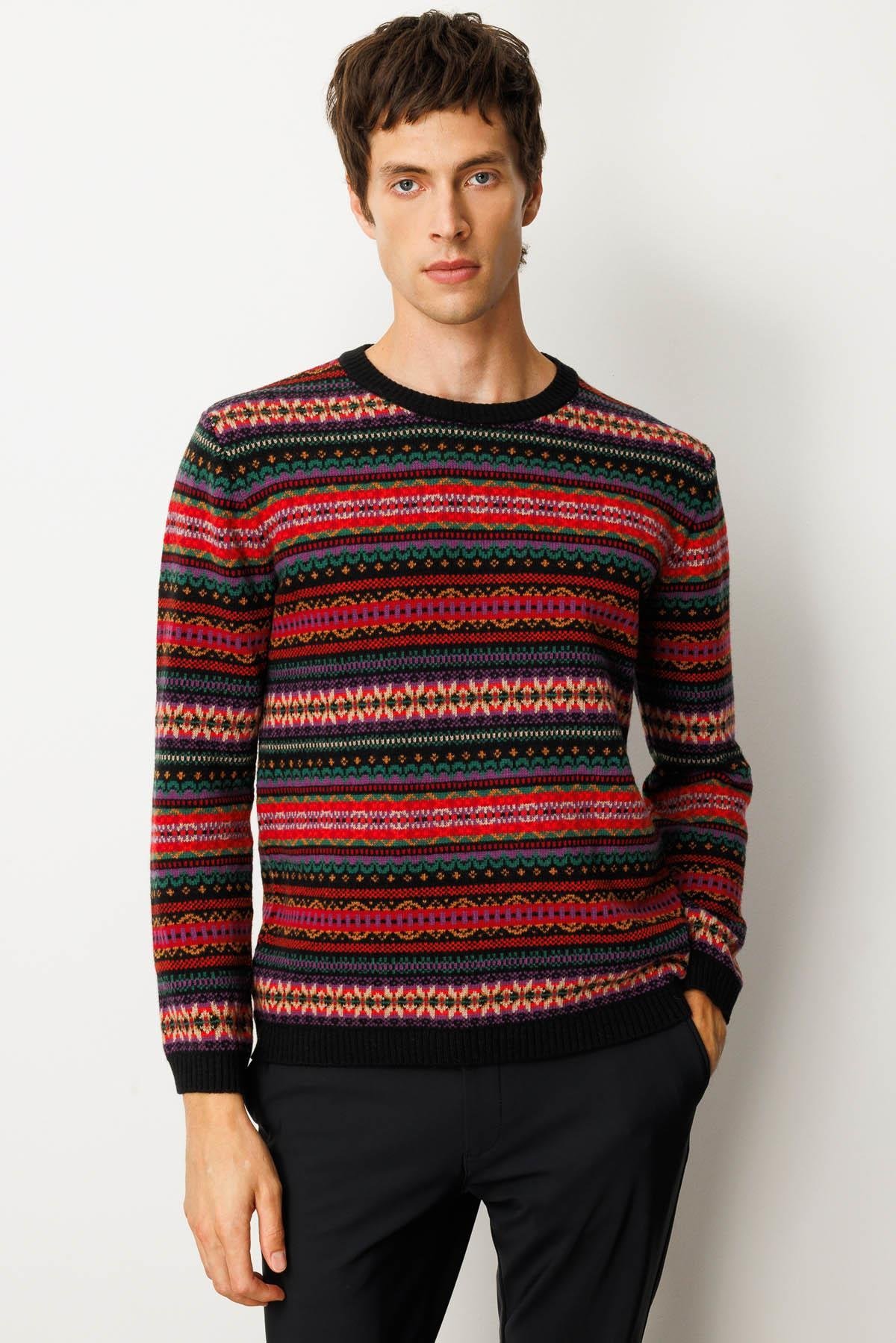 25511Erkek Sıfır Yaka Jakarlı Yün Kazak Siyah