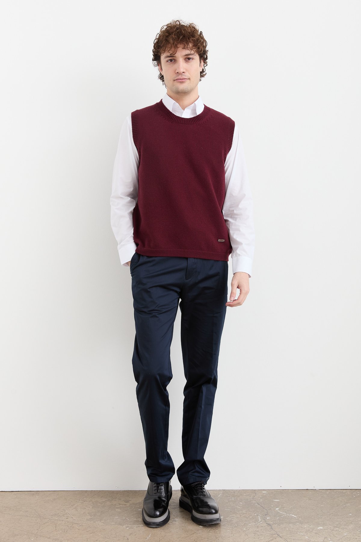 23503Erkek Sıfır Yaka Klasik Yün Süveter Bordo