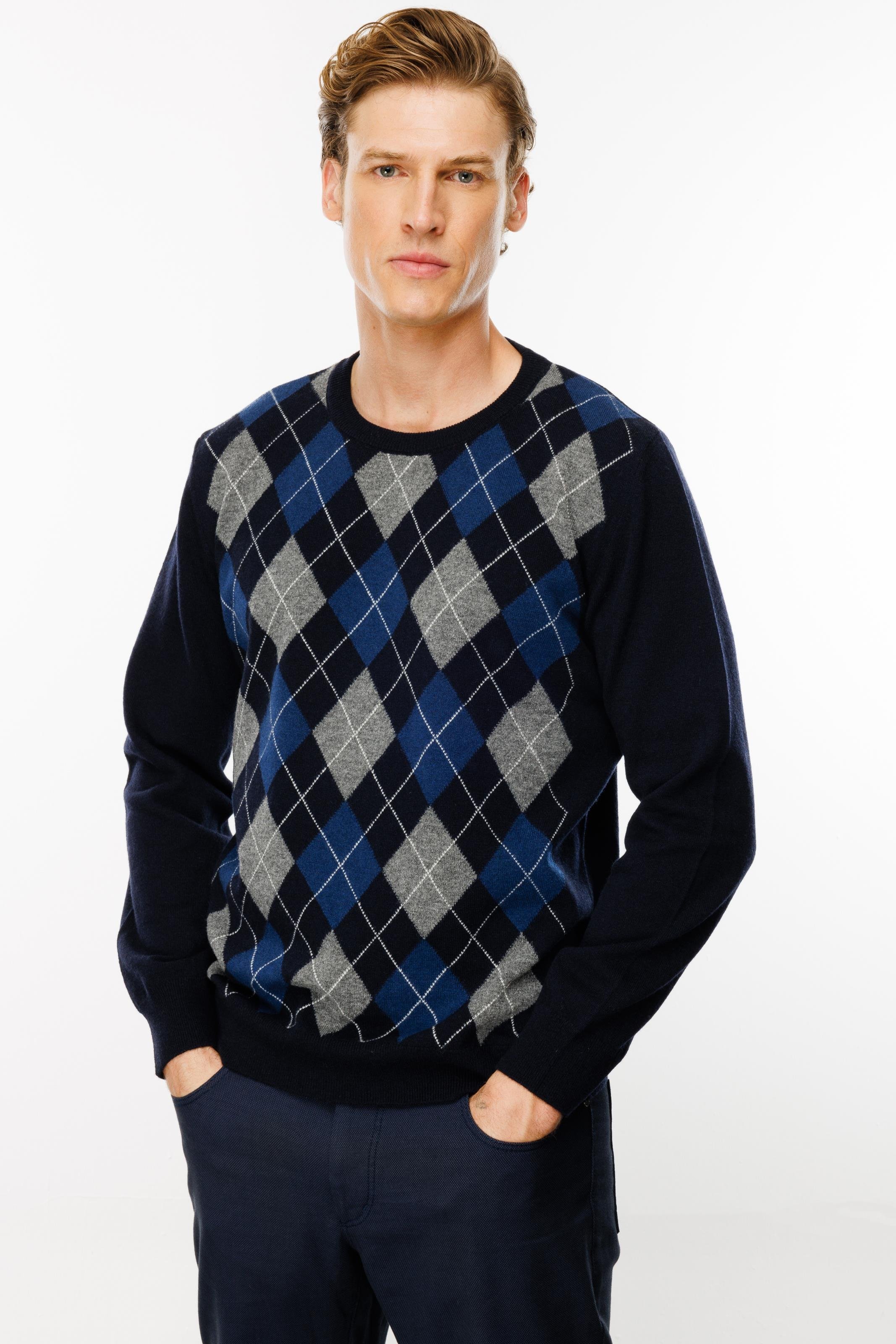 24511Erkek Sıfır Yaka Önü Baklava Desenli Kazak K.Lacivert