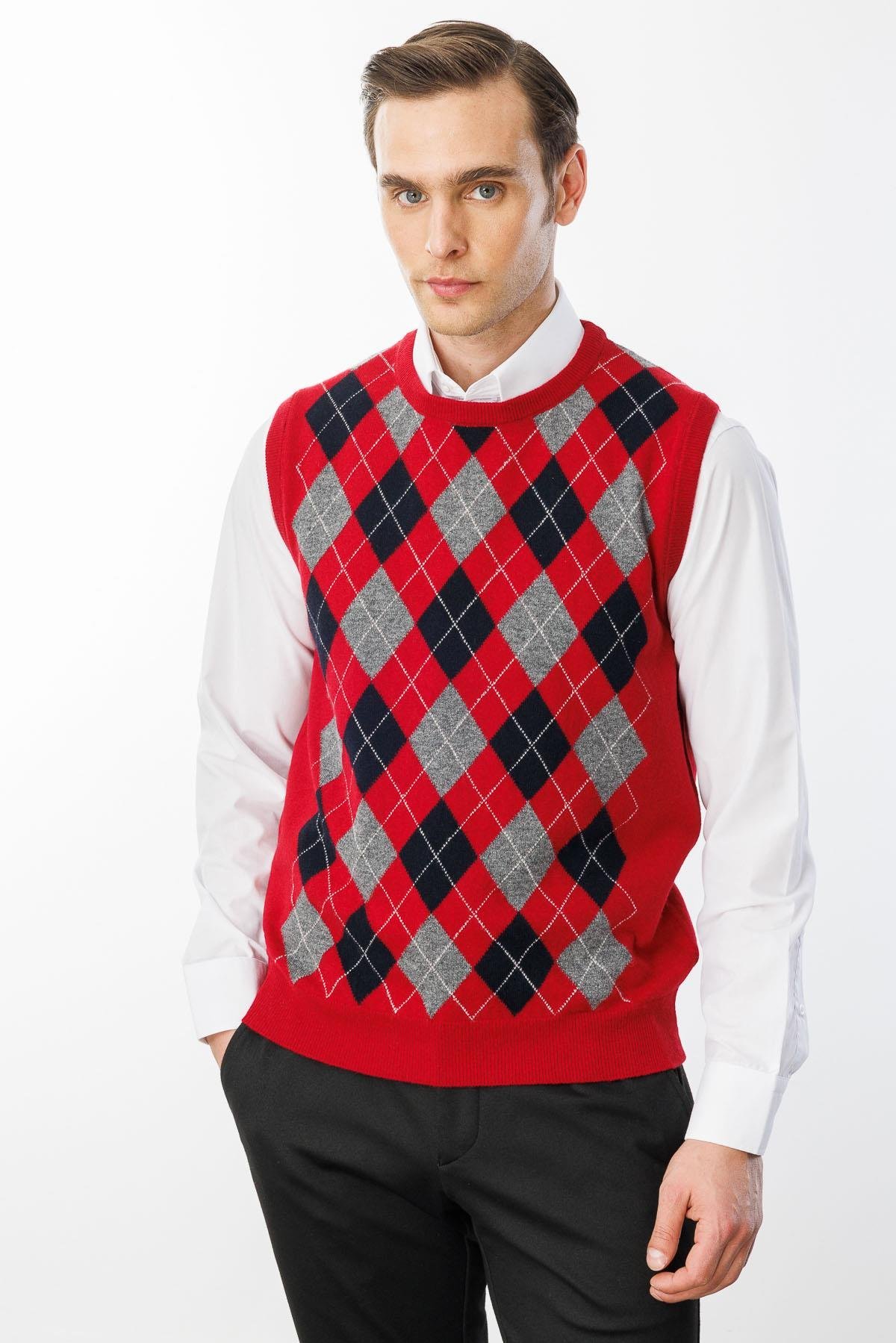 24509Erkek Sıfır Yaka Önü Baklava Desenli Yün Süveter K.Kırmızı
