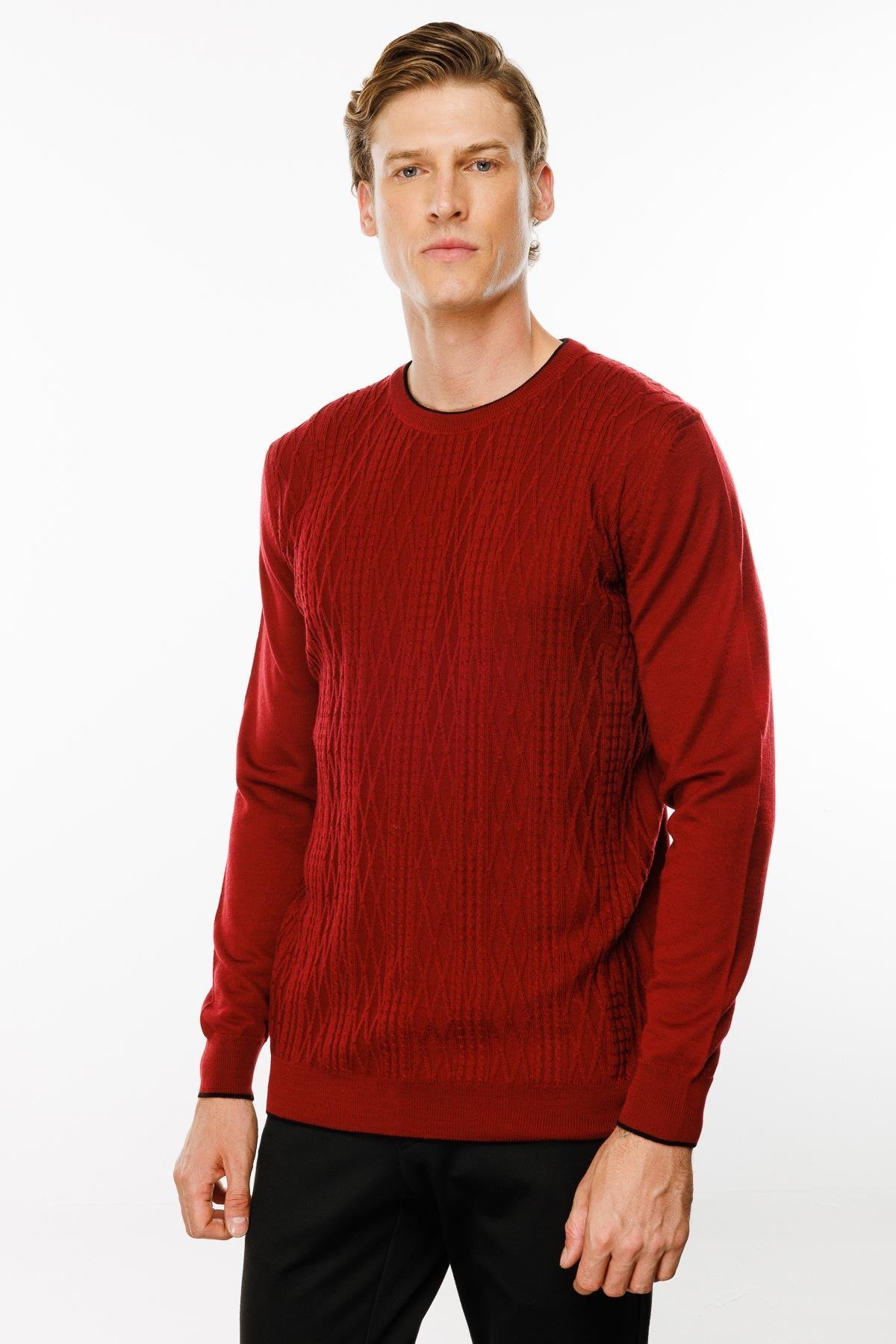 24610Erkek Sıfır Yaka Önü Baklava Örgü Kazak Bordo