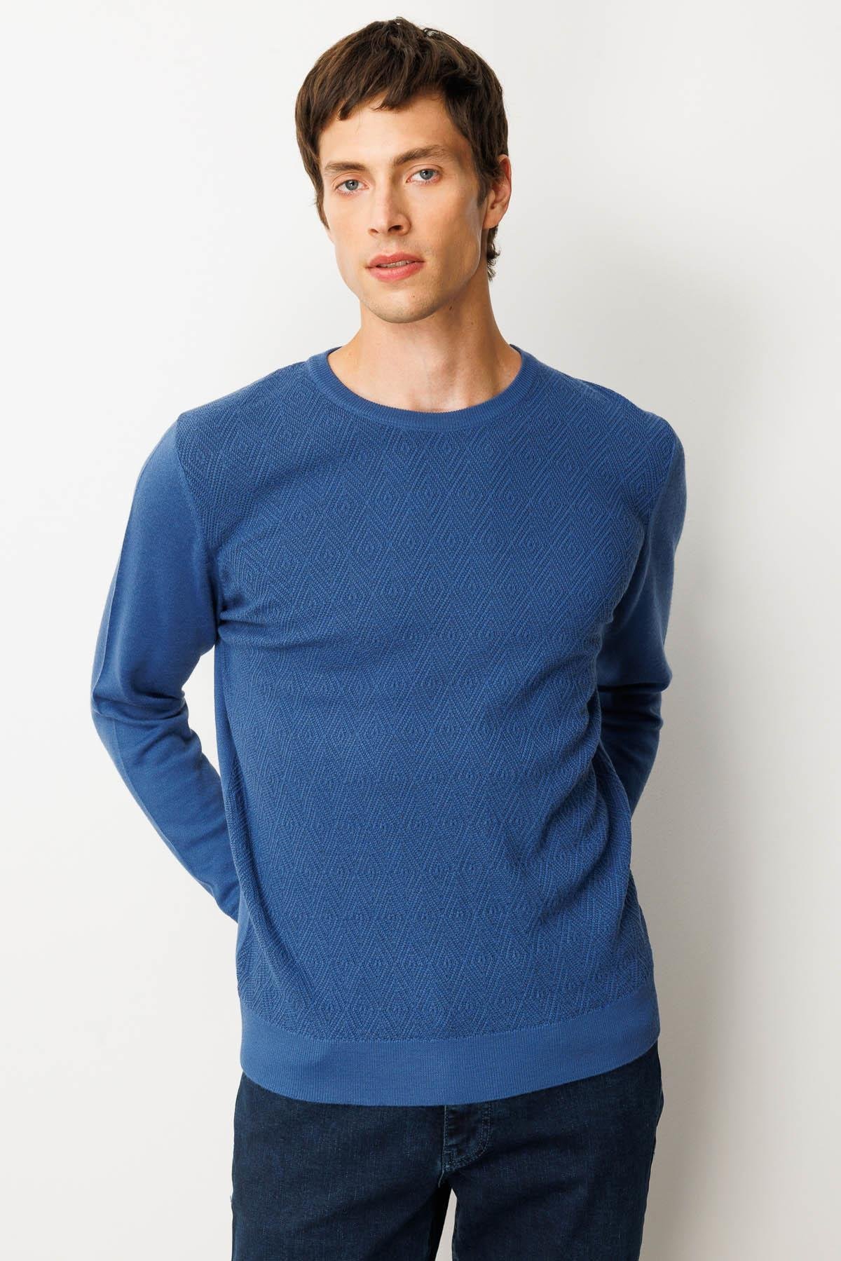 25607Erkek Sıfır Yaka Önü Baklavalı Triko Kazak H.Mavi