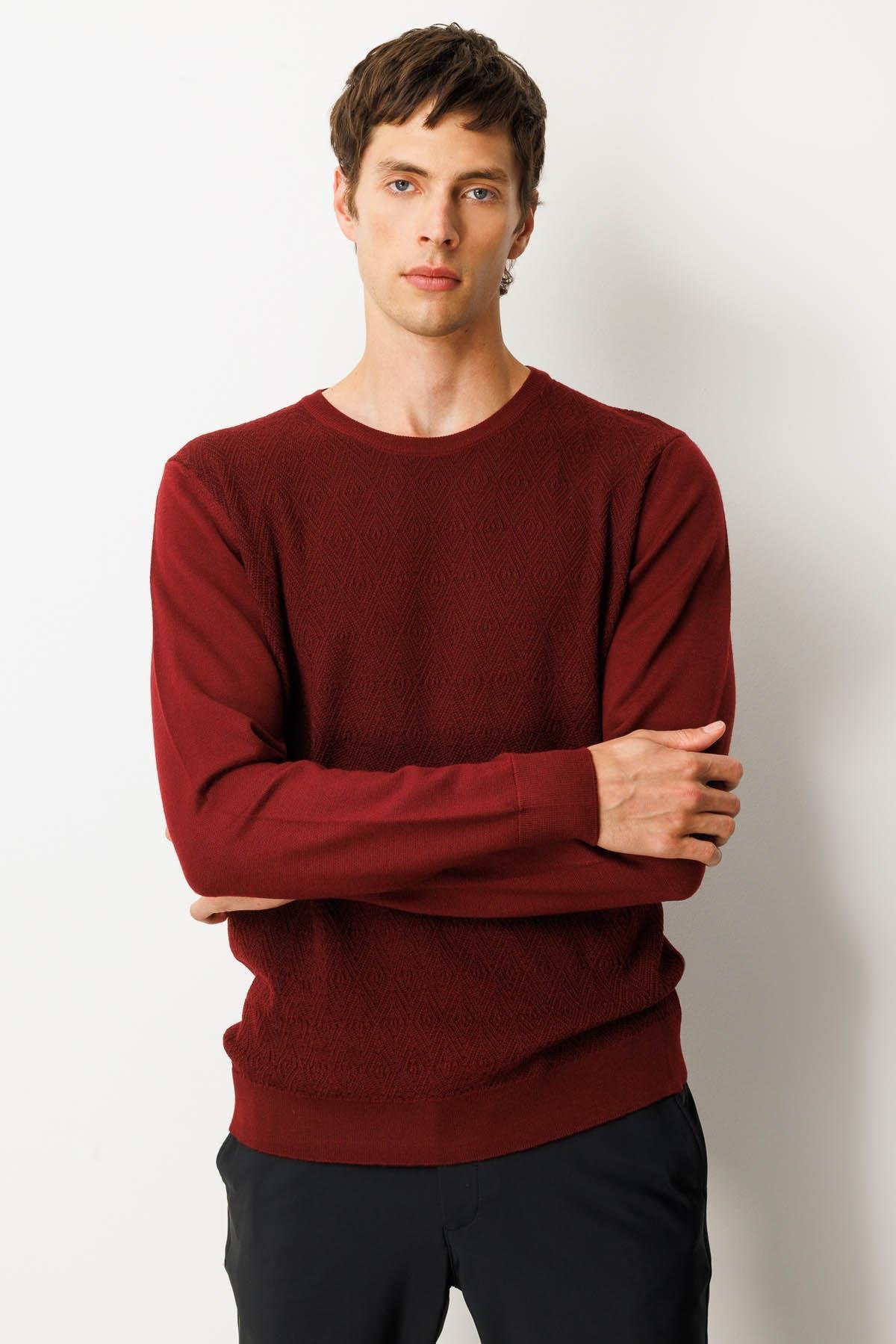 25607Erkek Sıfır Yaka Önü Baklavalı Triko Kazak Bordo