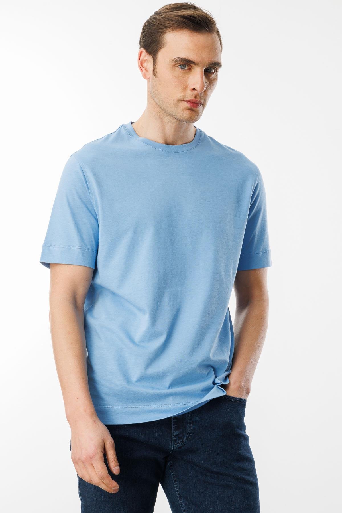 25737Erkek Sıfır Yaka Pamuklu T-shirt Mavi