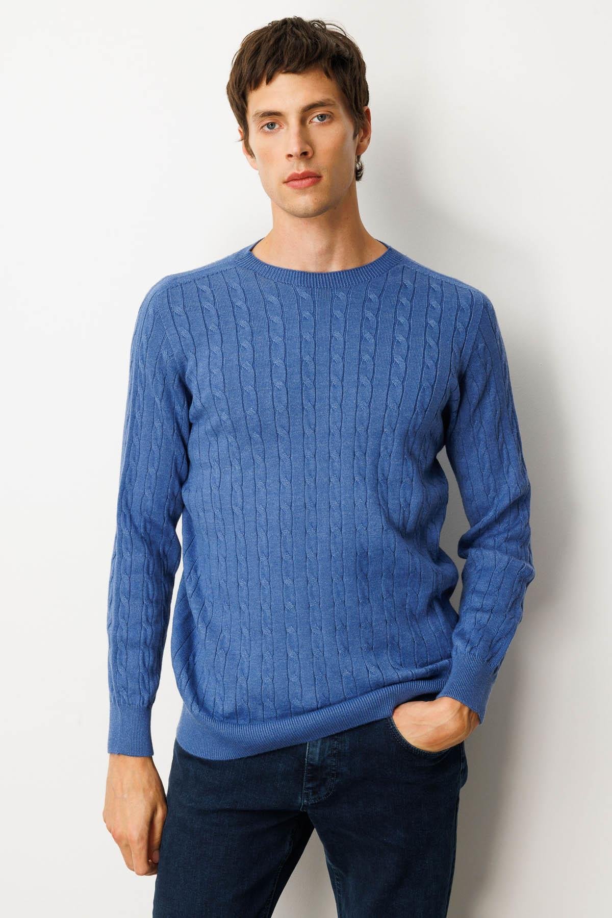 25500Erkek Sıfır Yaka Saç Örgülü Kazak İndigo