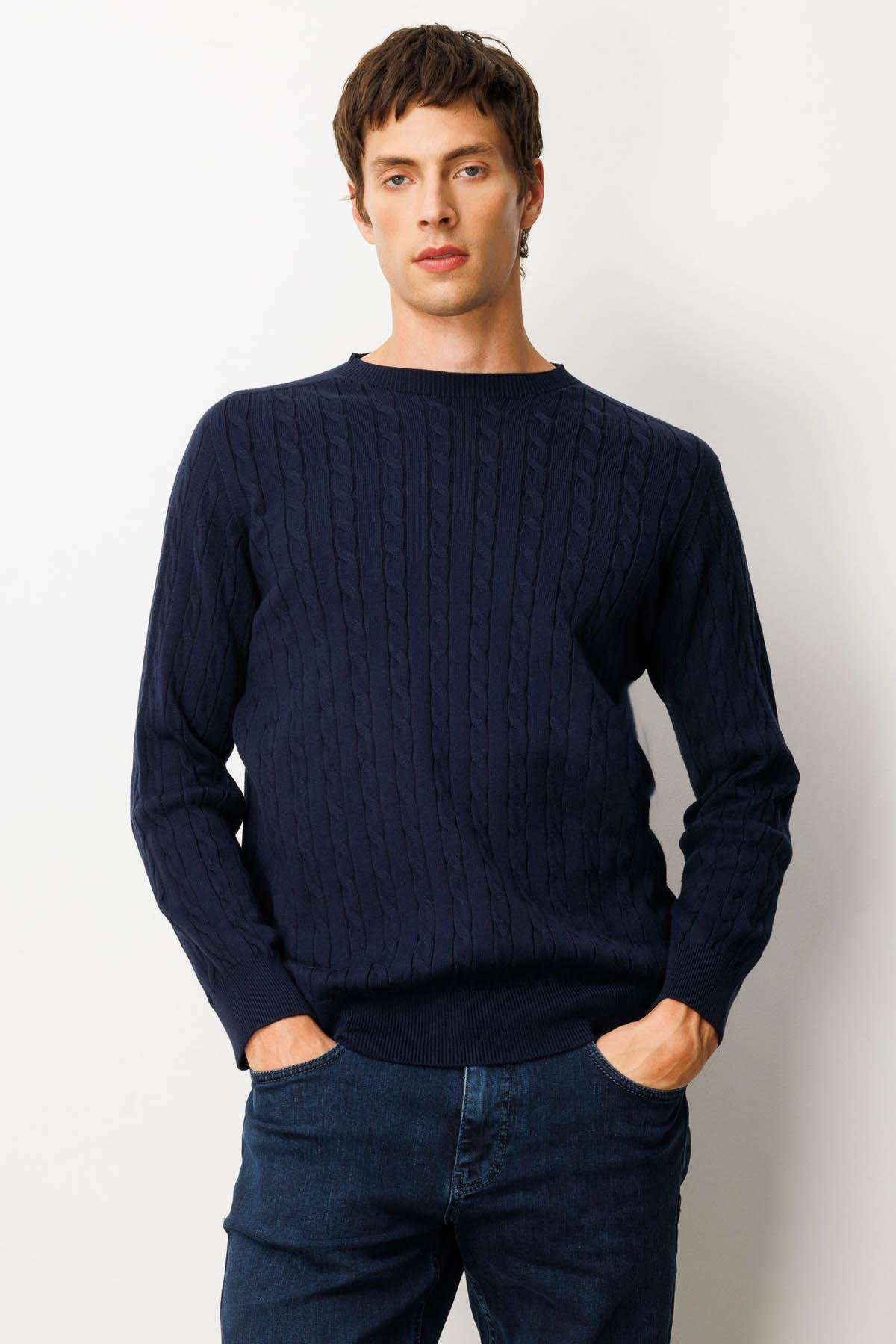 25500Erkek Sıfır Yaka Saç Örgülü Kazak K.Lacivert