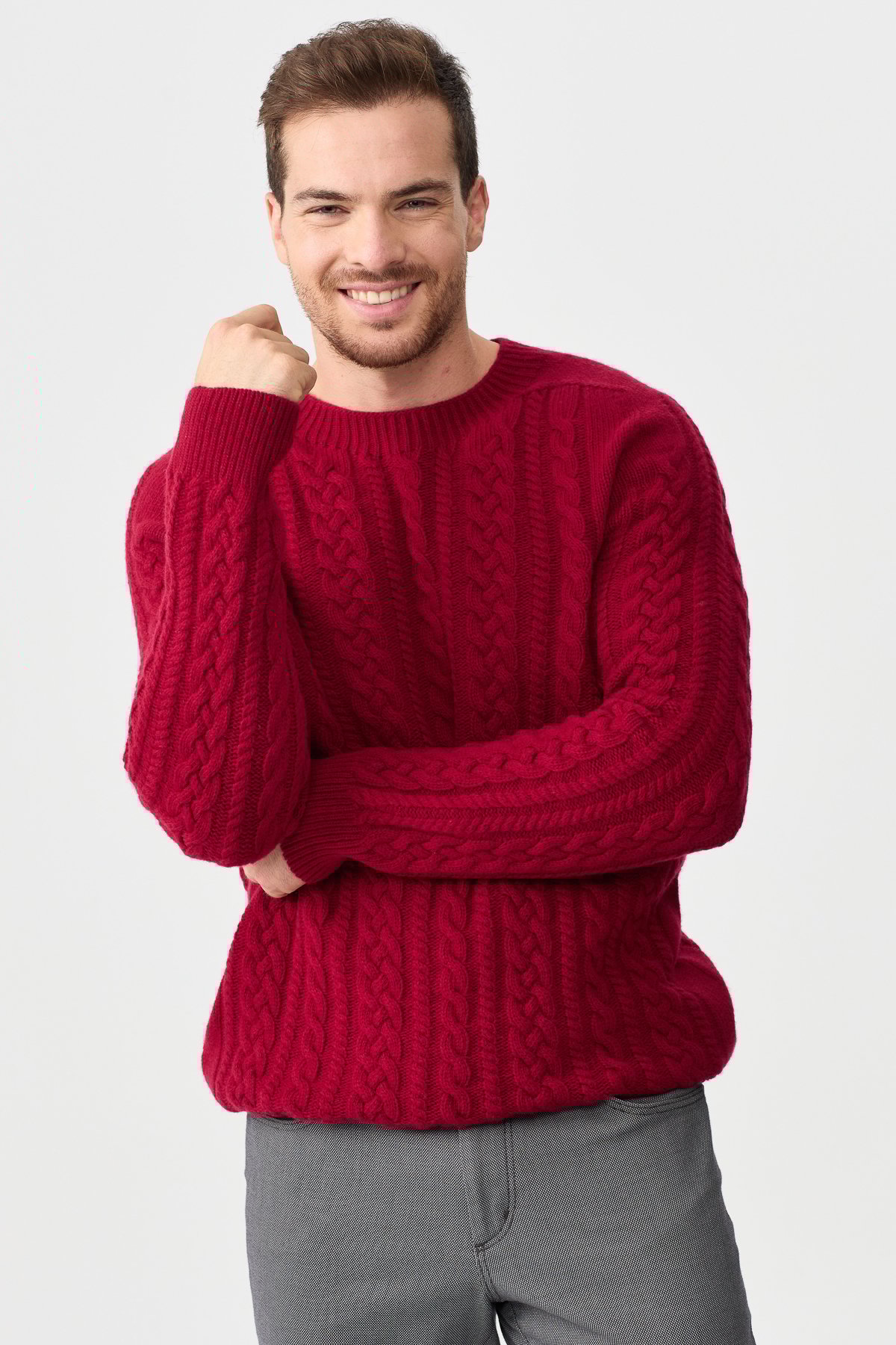 22588Мужской вязаный шерстяной свитер с круглым вырезом, вишневый 