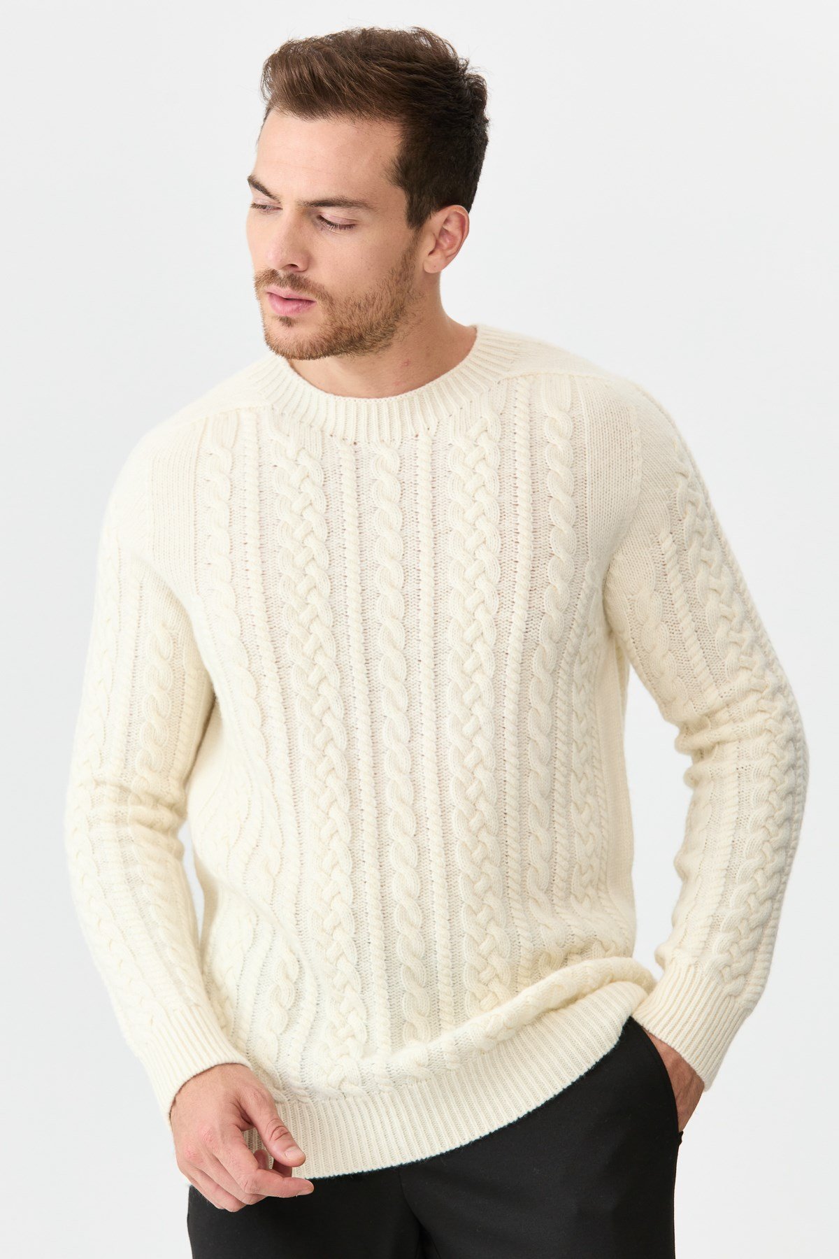 22588Мужской свитер с круглым вырезом из шерсти и трикотажа цвета кости