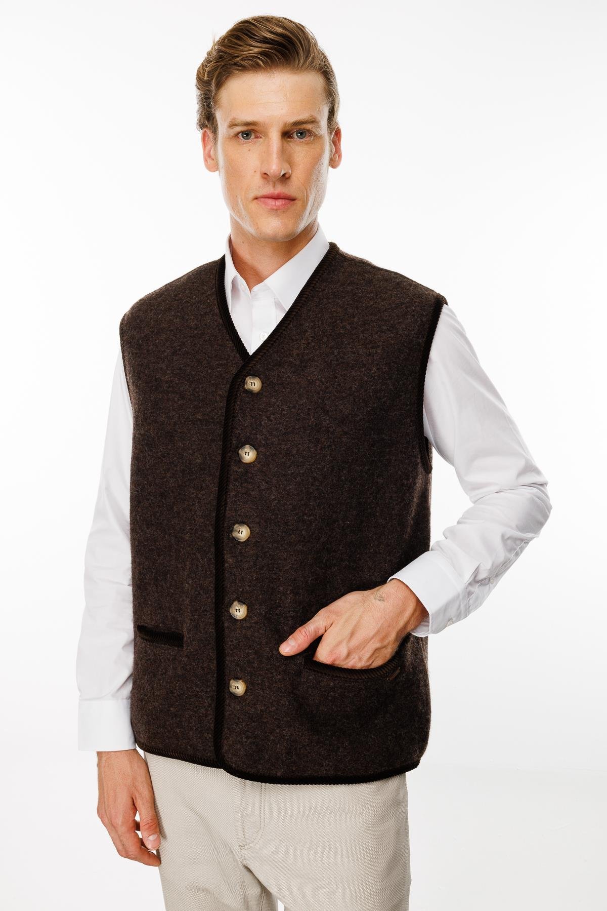 24583Erkek V Yaka Astarı Desenli Yün Yelek Kahve