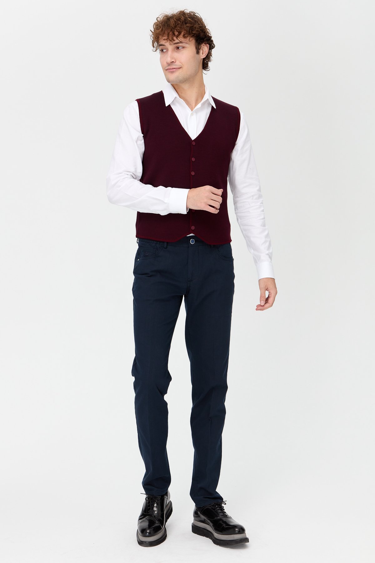 23560Erkek V Yaka Çift Renkli İnce Triko Yelek Bordo