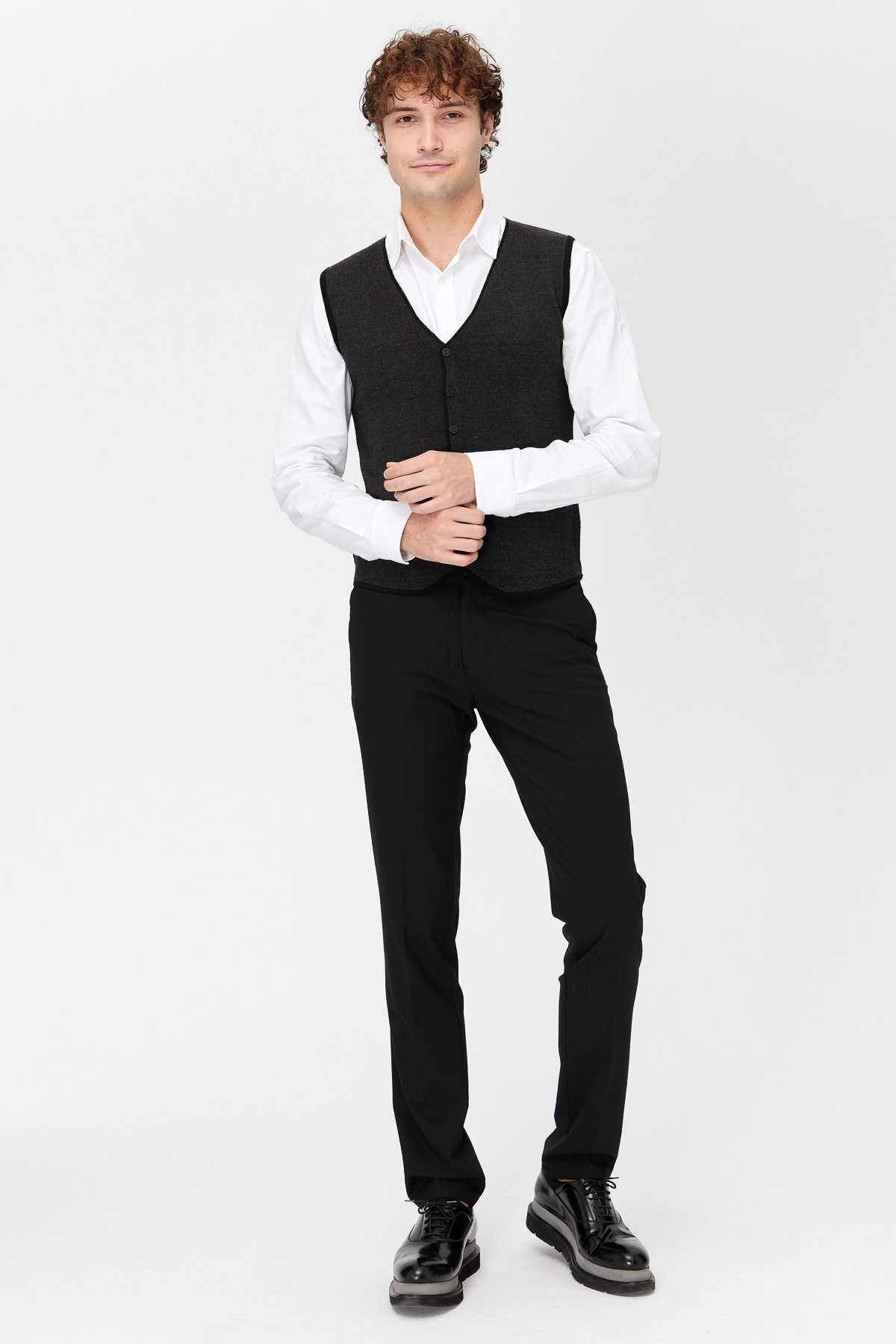 23560Erkek V Yaka Çift Renkli İnce Triko Yelek Siyah