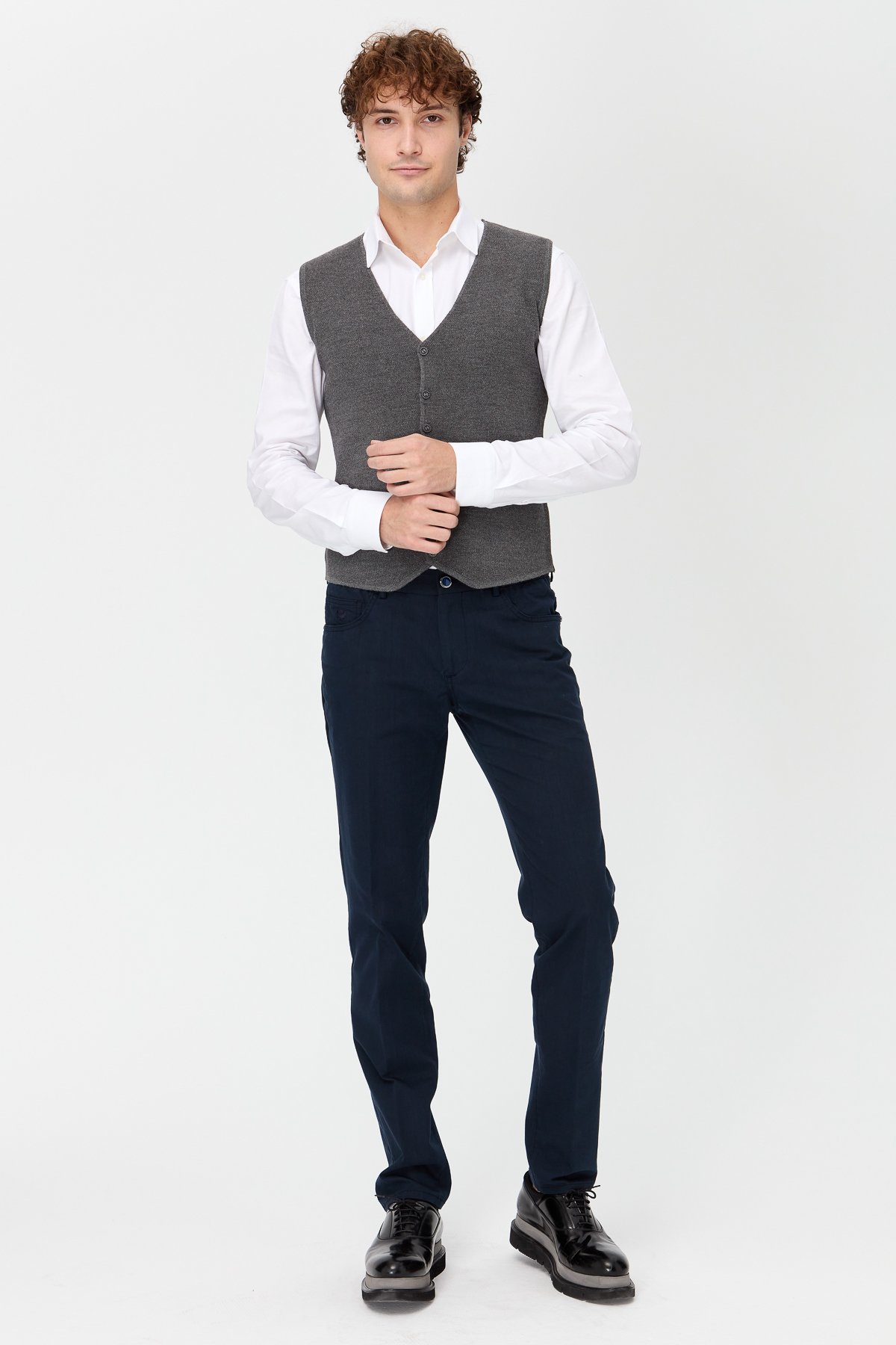 23560Erkek V Yaka Çift Renkli İnce Triko Yelek Gri