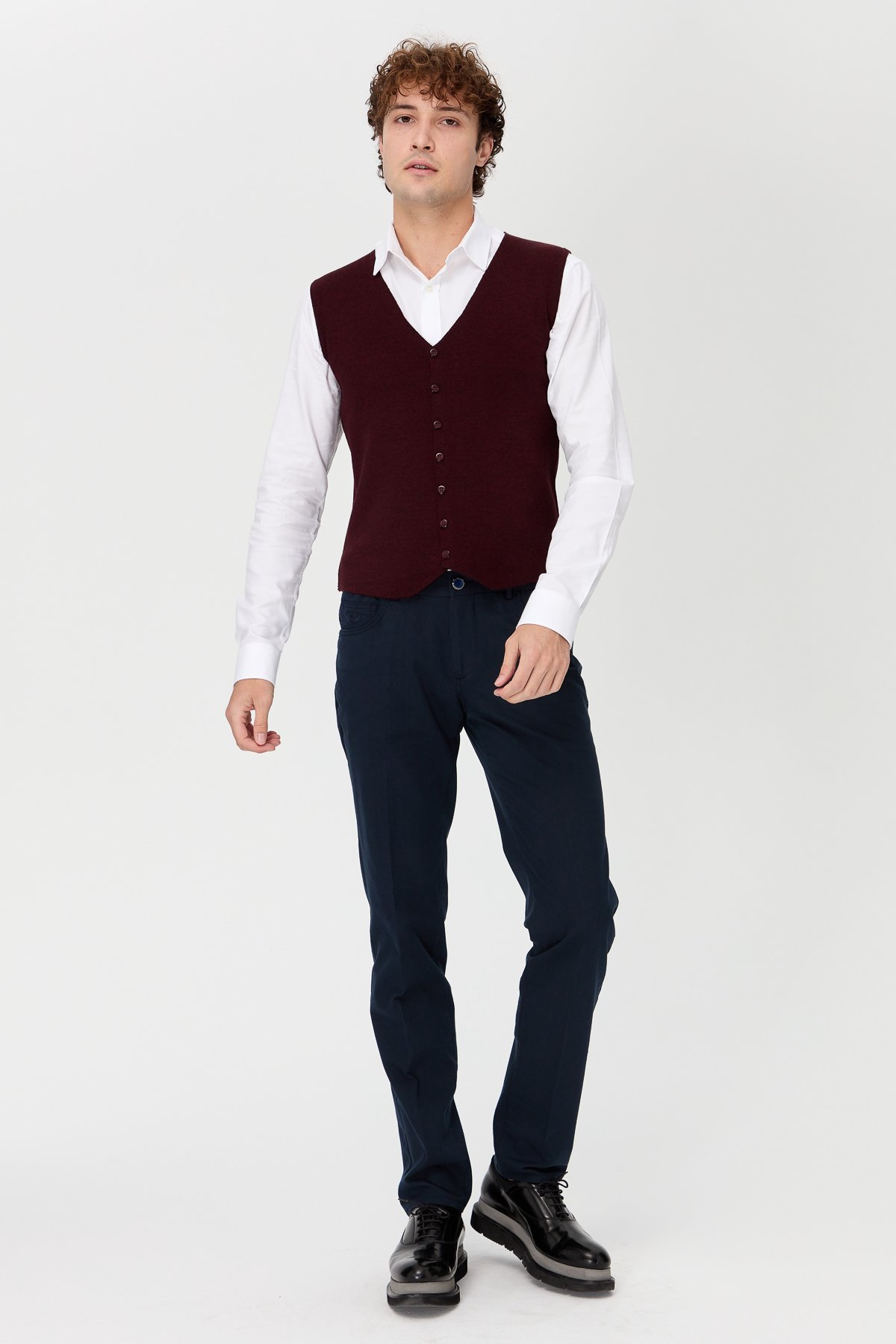 23559Erkek V Yaka İnce Triko Yelek Bordo