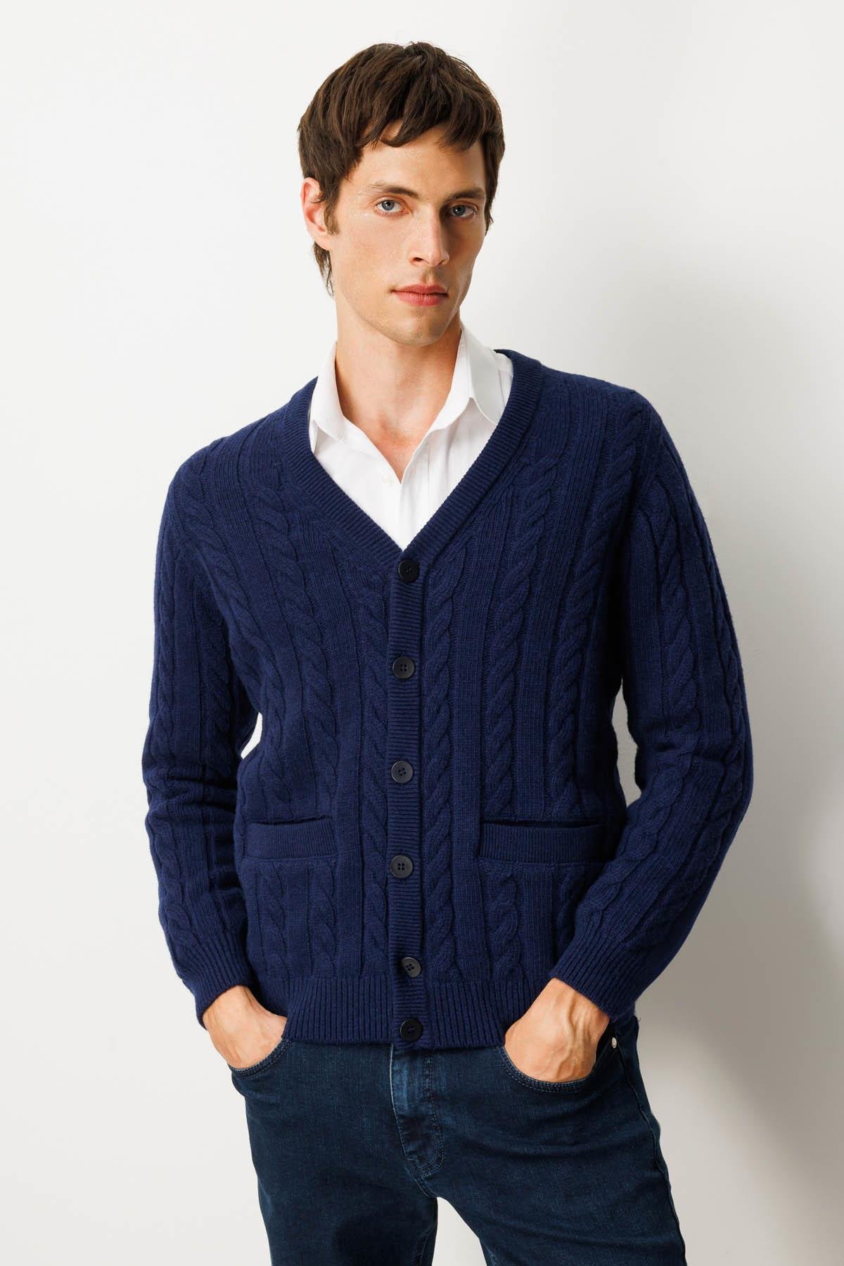 25520Erkek V Yaka Kalın Saç Örgülü Yün Ceket Y.A.Lacivert