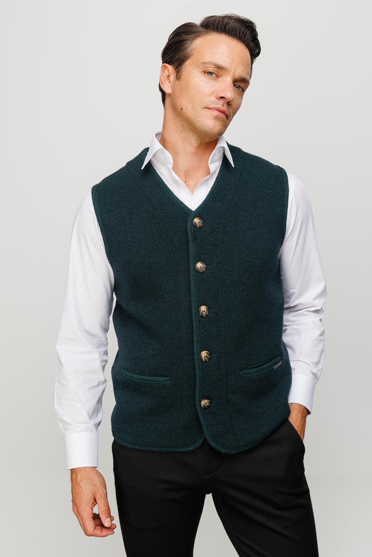 22569Men's V Neck Wool Vest with Felt Accessories Green