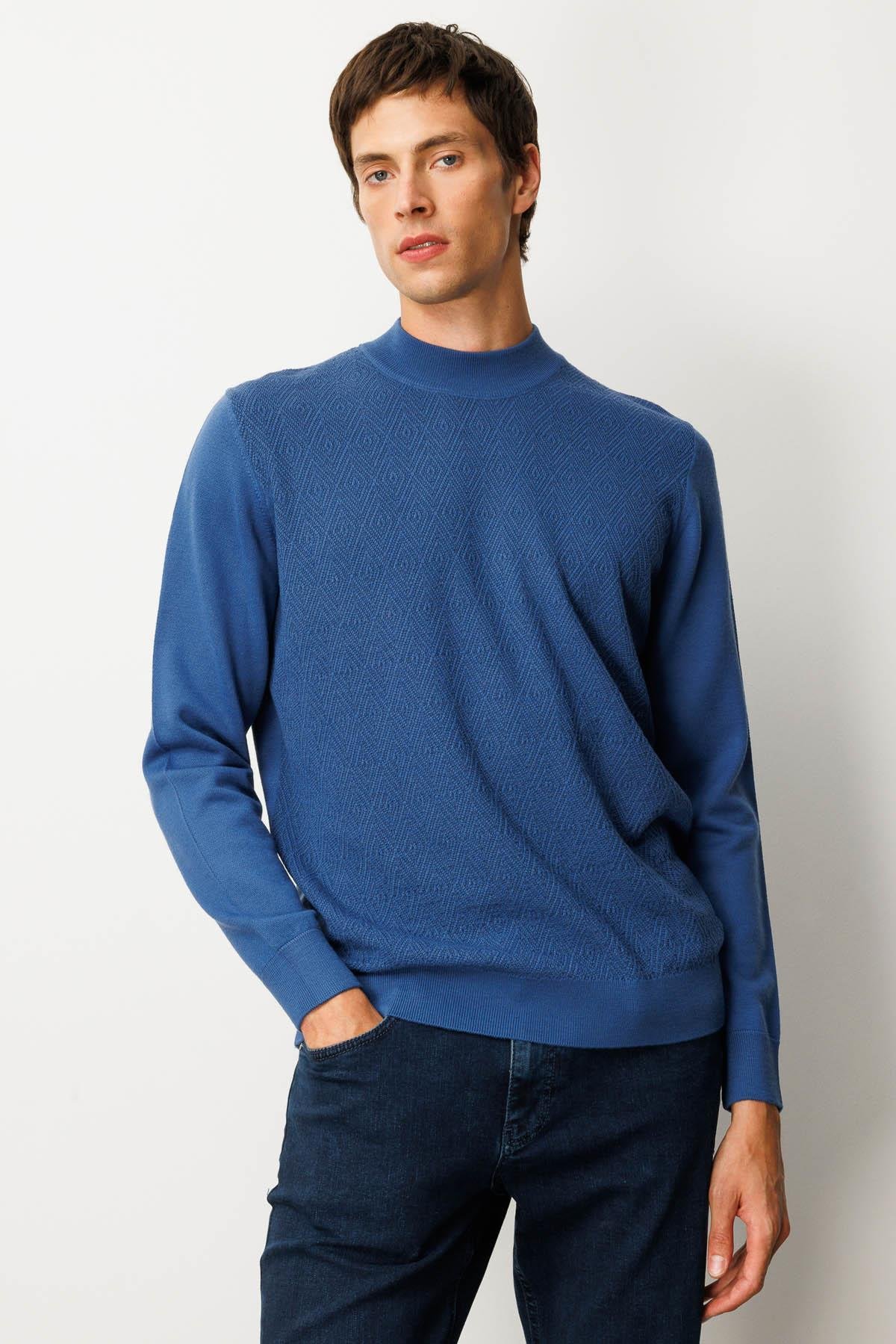 25609Erkek Yarım Balıkçı Yaka Önü Baklavalı Triko Kazak H.Mavi